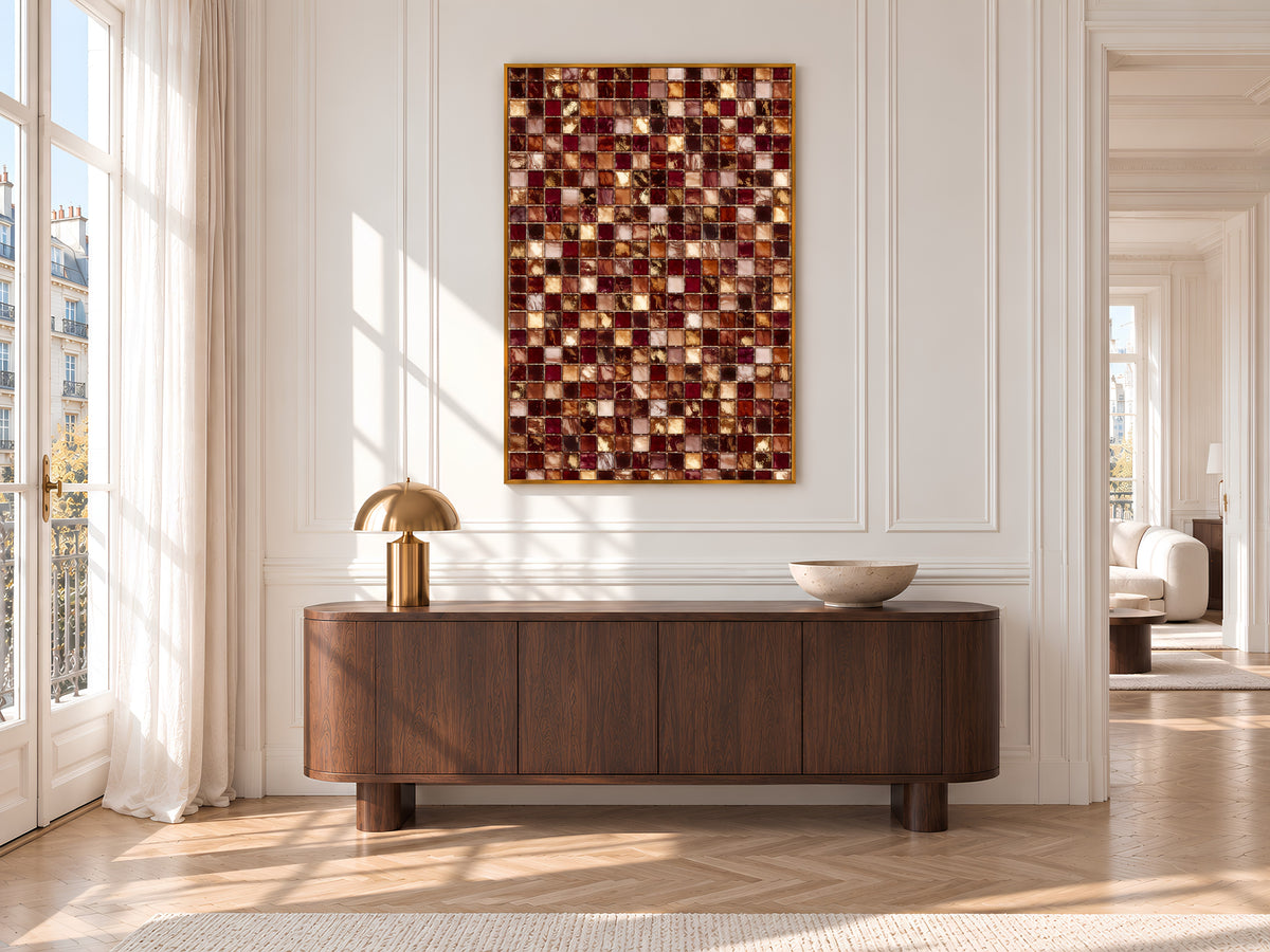 Burgundy and Gold Mosaic Tile Wall Art Print, Wine Red, Blush and Amber Tile Grid Painting, Printable Moody Warm Decor, Digital Download