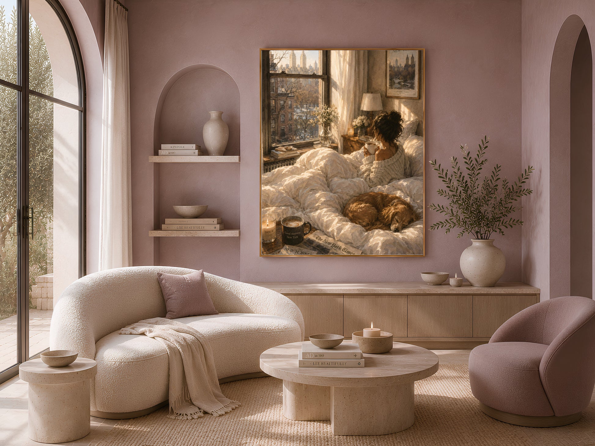 Framed Central Park watercolor illustration print above a curved boucle sofa