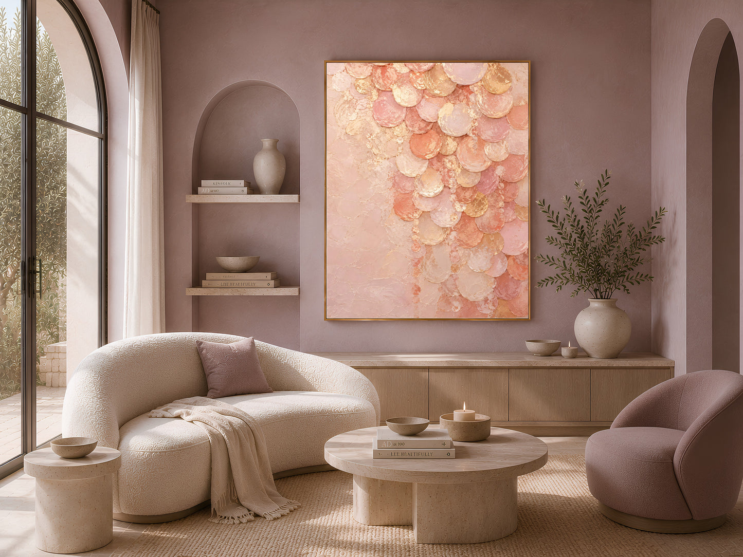 Blush pink capiz shell print above cream sofa in cozy living room corner
