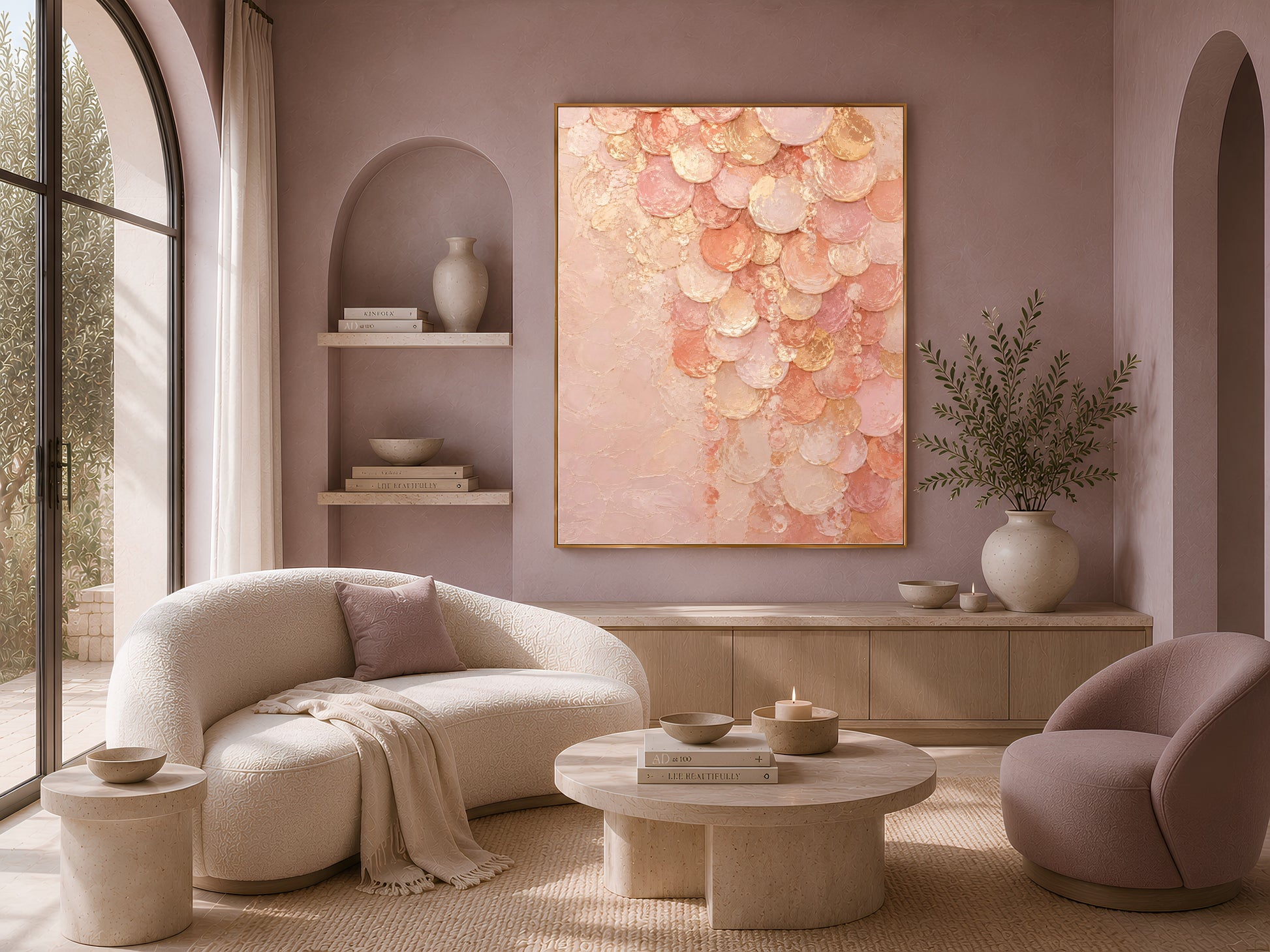 Blush pink capiz shell print above cream sofa in cozy living room corner
