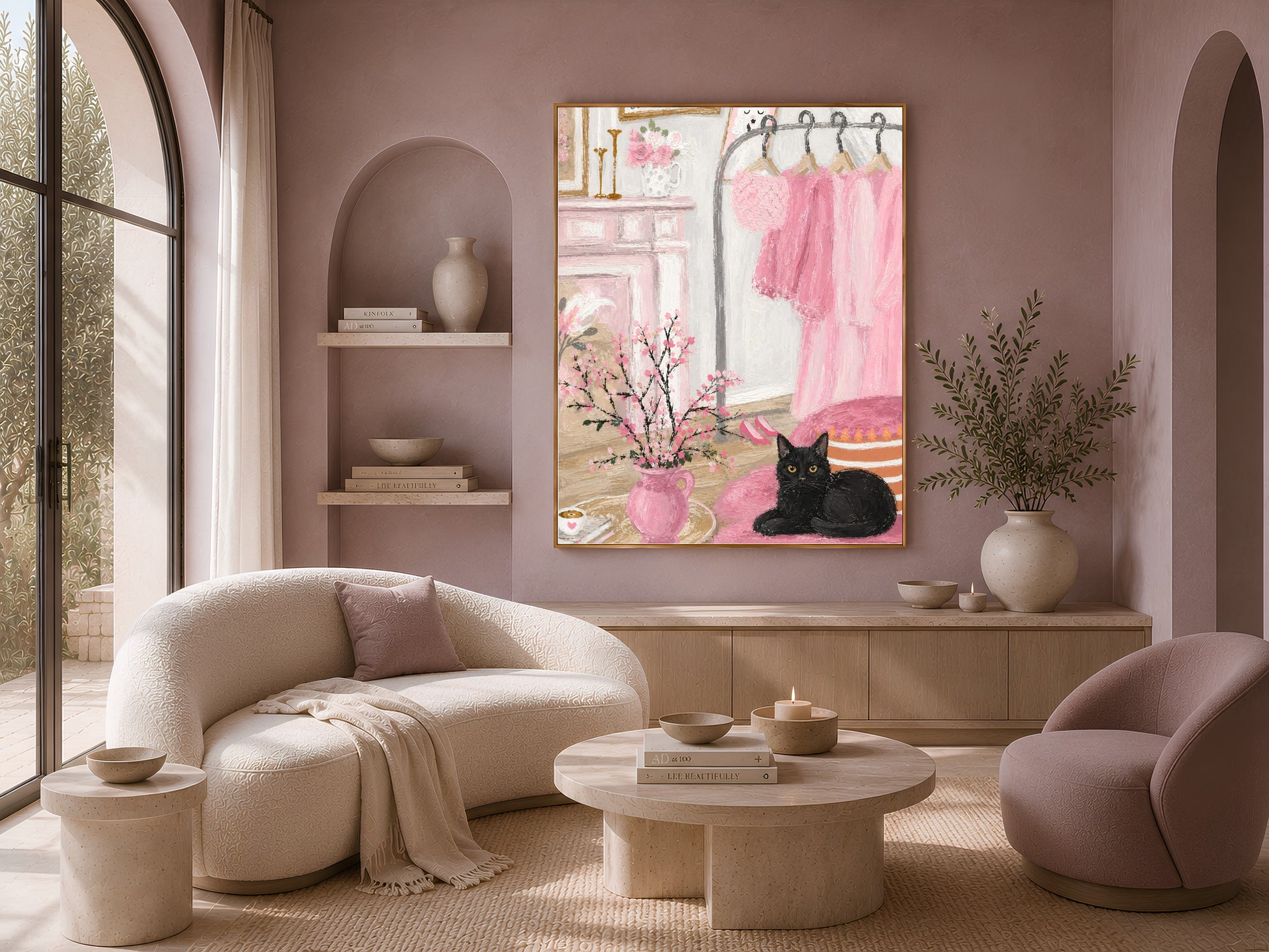 Pink dressing room painting framed in a neutral living room, coquette black cat wall art
