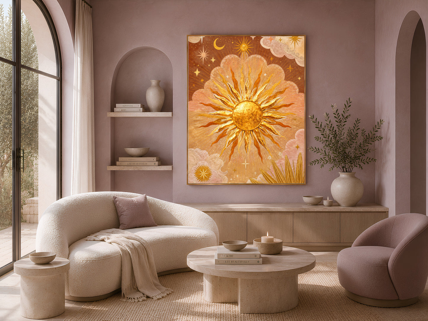 The Sun tarot wall art framed above a curved boucle sofa in a boho living room, gold celestial mystical print