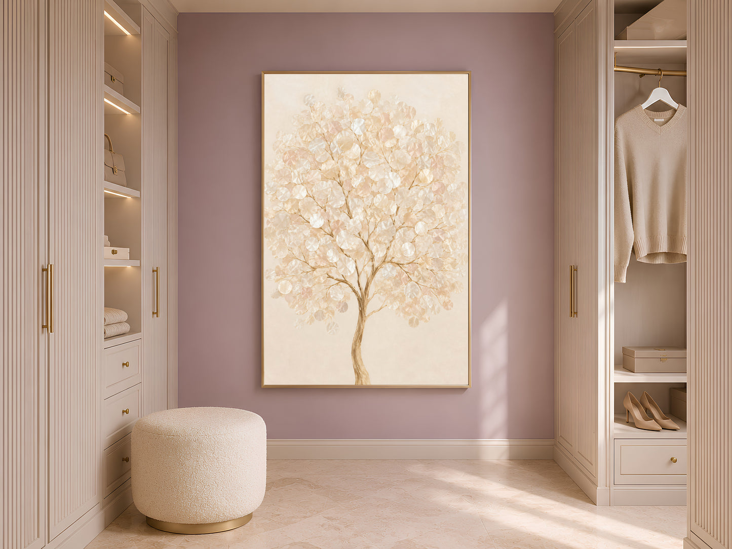 Capiz shell tree print framed on a closet wall beside open wardrobe shelving
