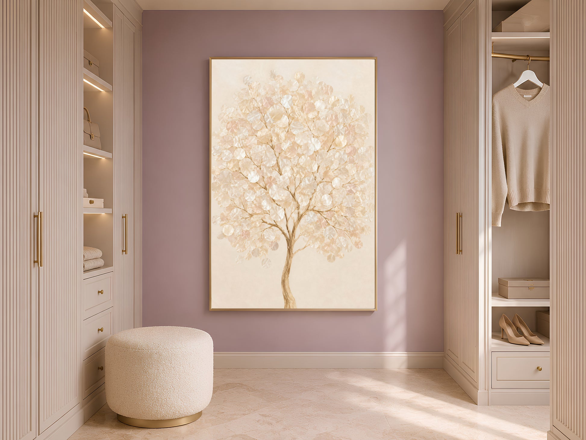 Capiz shell tree print framed on a closet wall beside open wardrobe shelving

