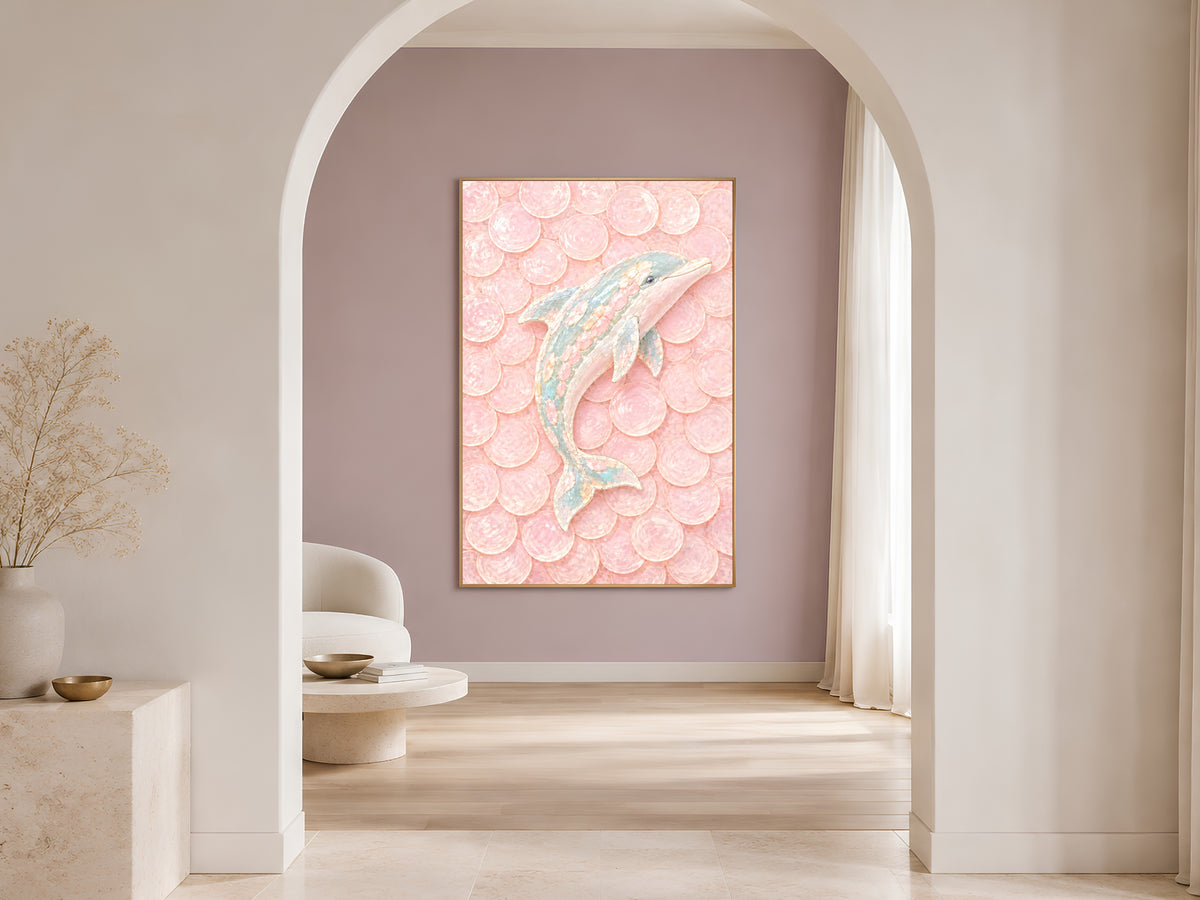 Pink Dolphin Mosaic Wall Art, Pastel Capiz Shell Print - Digital Download