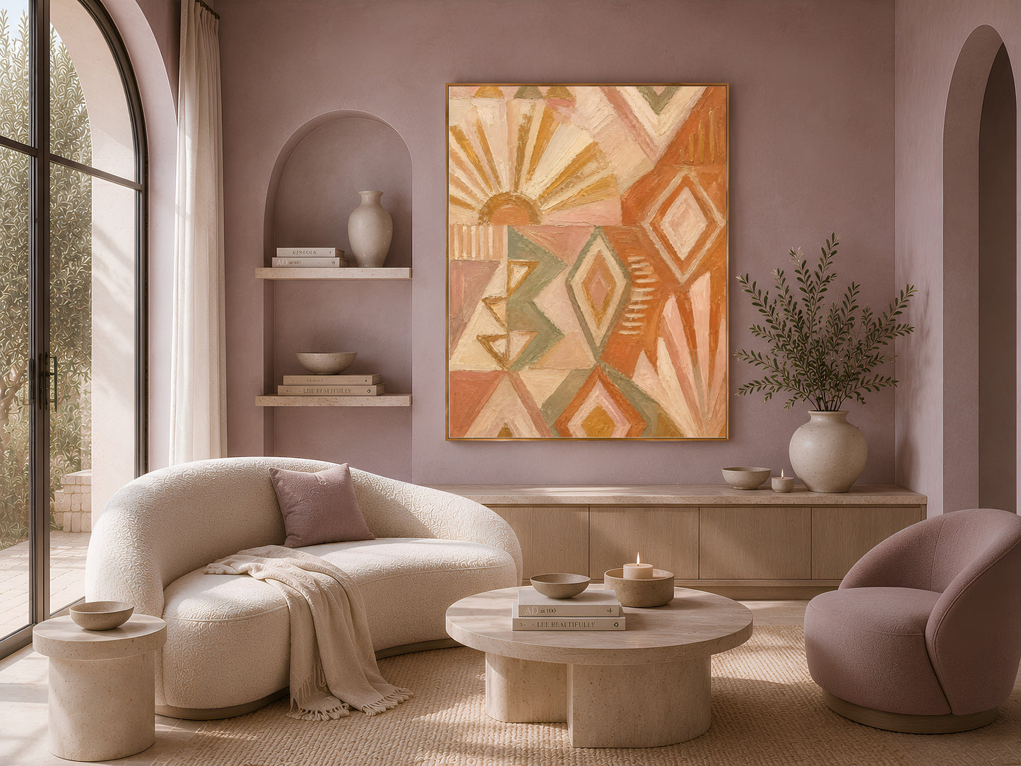 Boho sunburst wall art framed in a living room with round bouclé sofa, arched window, and warm mauve wall
