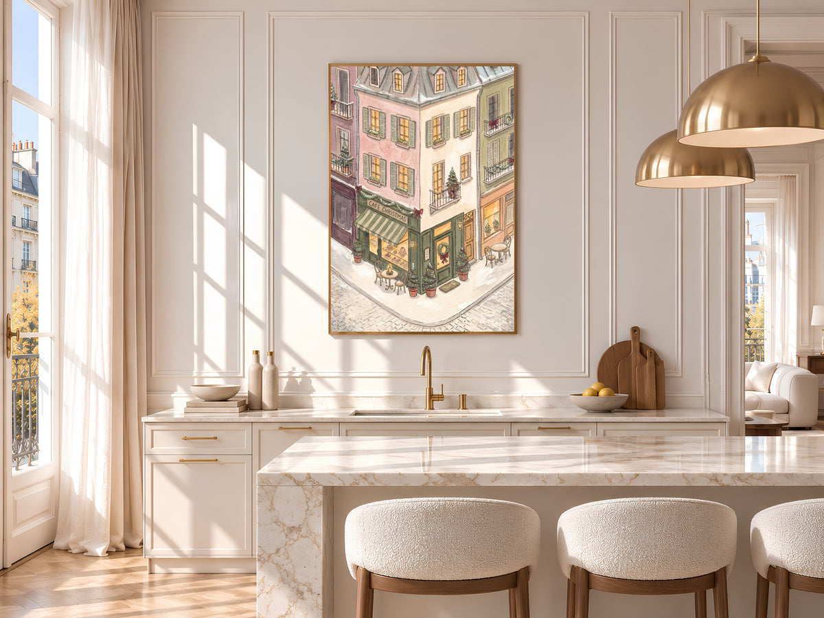 Christmas Cafe Print, Snowy Parisian Street Watercolor, Pastel Holiday Wall Art, Printable Digital Download