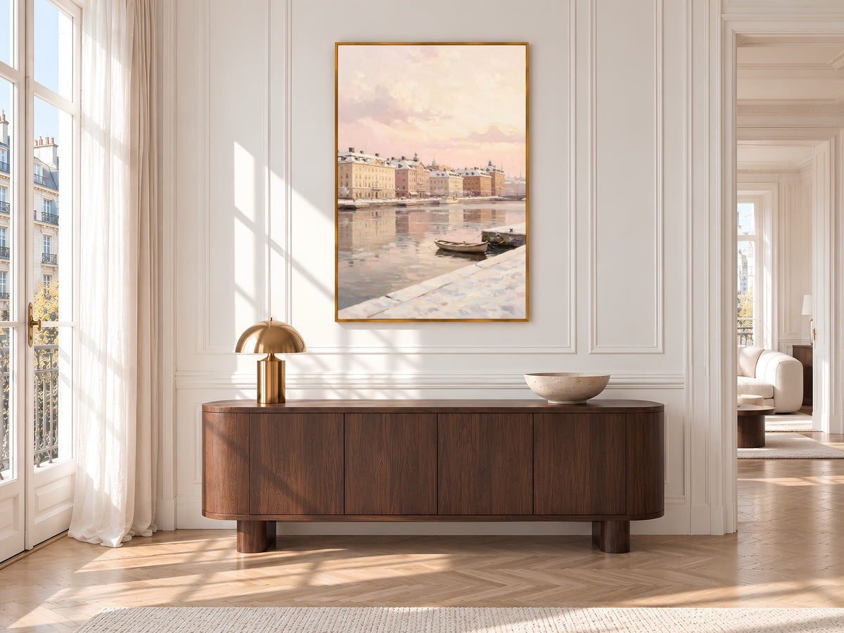 Snowy Winter City Painting Print, Pastel European Waterfront Art, Soft Pink Winter Wall Art, Printable Digital Download