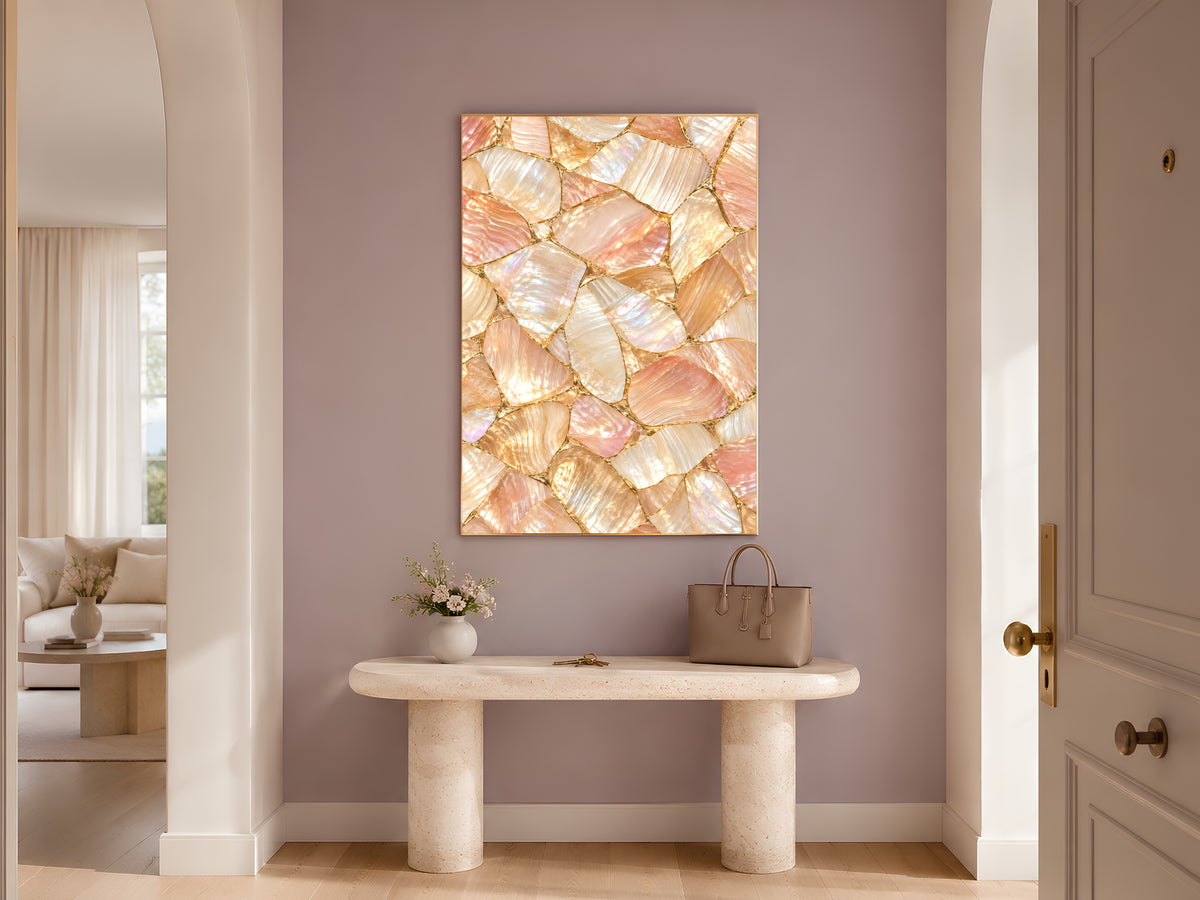 Peach Mother of Pearl Wall Art, Apricot Shell Mosaic Print, Gold Kintsugi, Warm Blush Bedroom Decor, Riviera Summer Poster, Instant Download