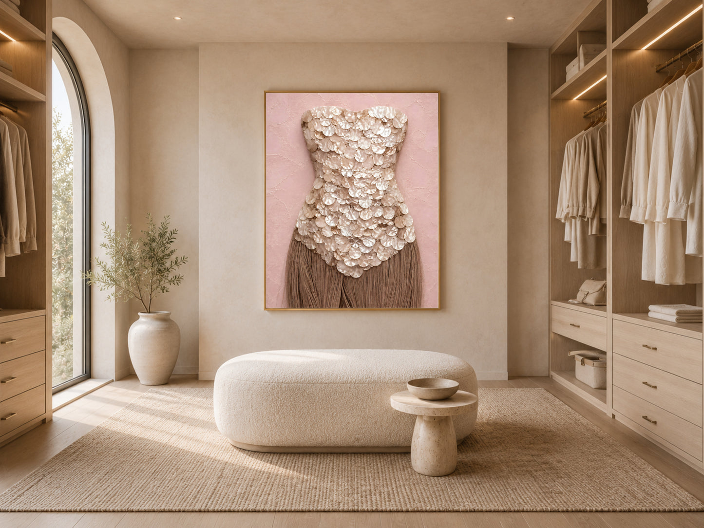 Mother of pearl wall art framed in gold, displayed in a bright, airy walk-in closet with arched windows.