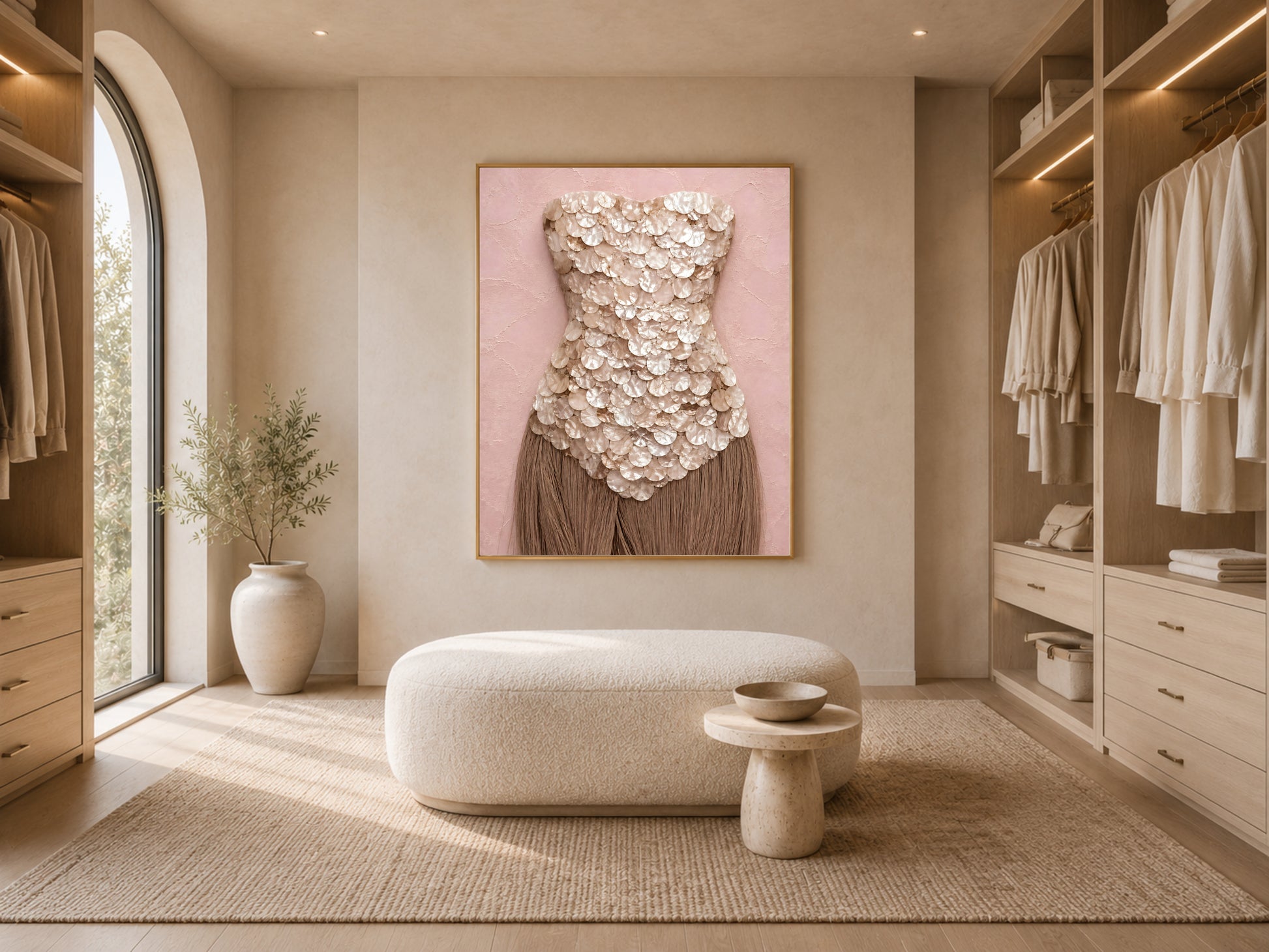 Mother of pearl wall art framed in gold, displayed in a bright, airy walk-in closet with arched windows.