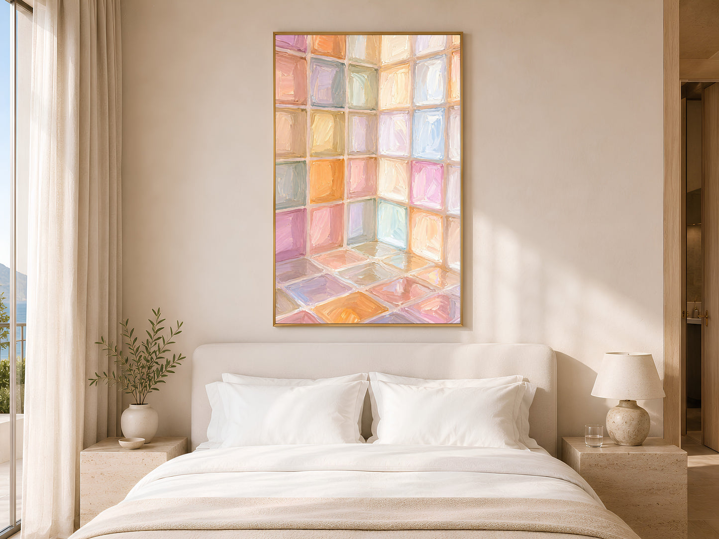Rainbow pastel mosaic tile print in gold frame above white bed in calm neutral bedroom with soft warm lighting
