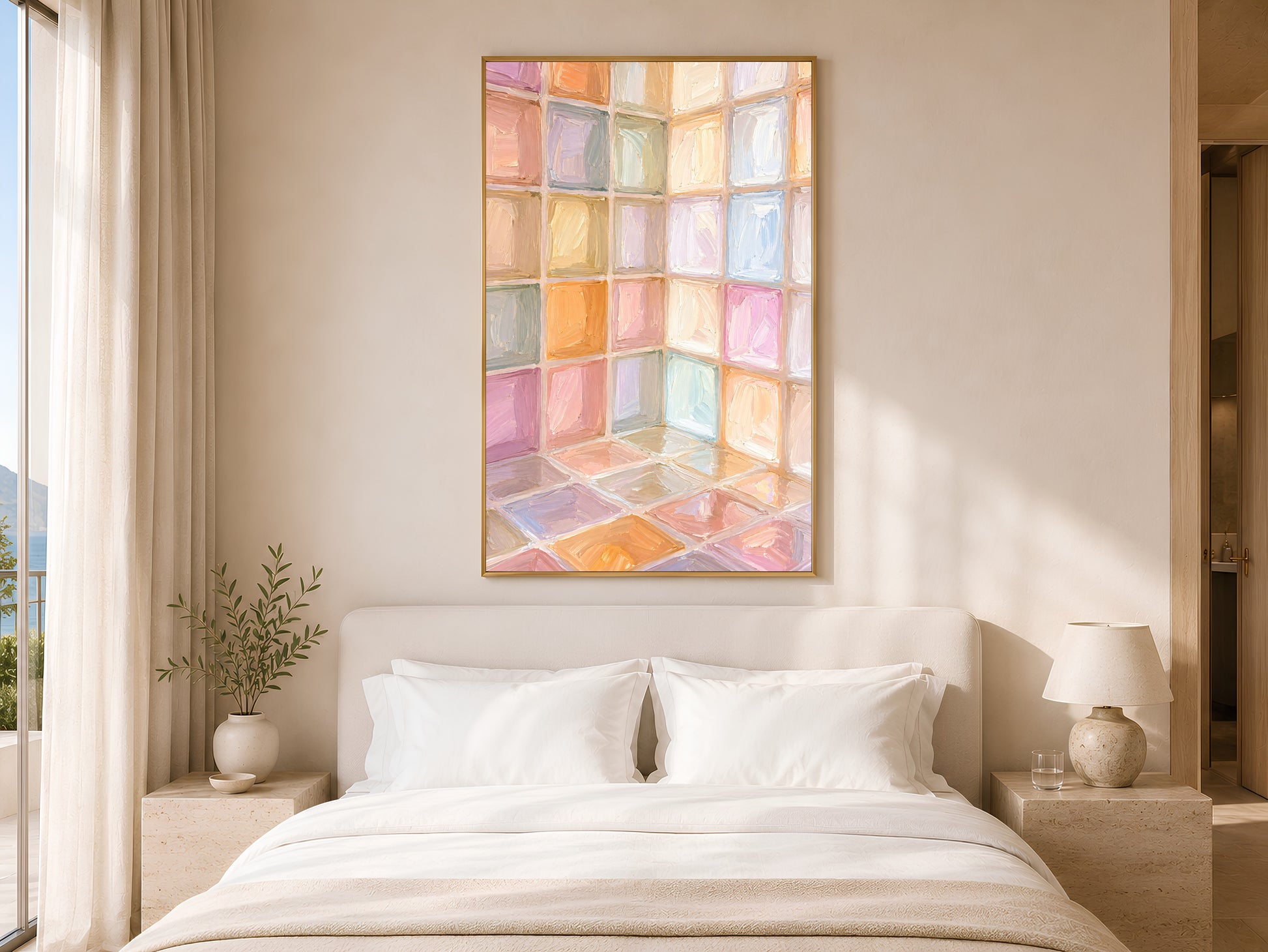 Rainbow pastel mosaic tile print in gold frame above white bed in calm neutral bedroom with soft warm lighting

