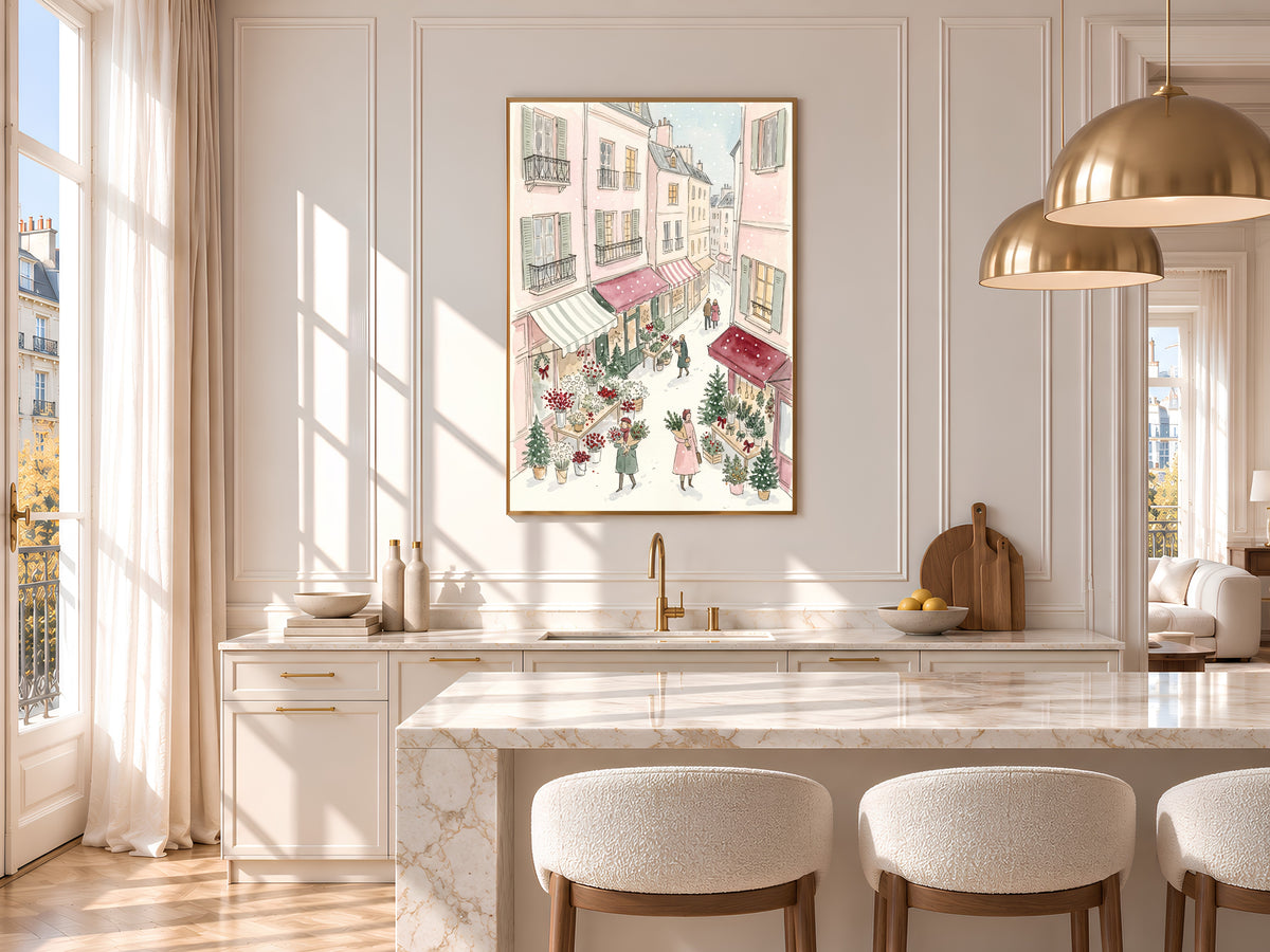 Christmas Flower Market Print, Snowy Paris Street Watercolor, Pastel Pink Holiday Art, Digital Download