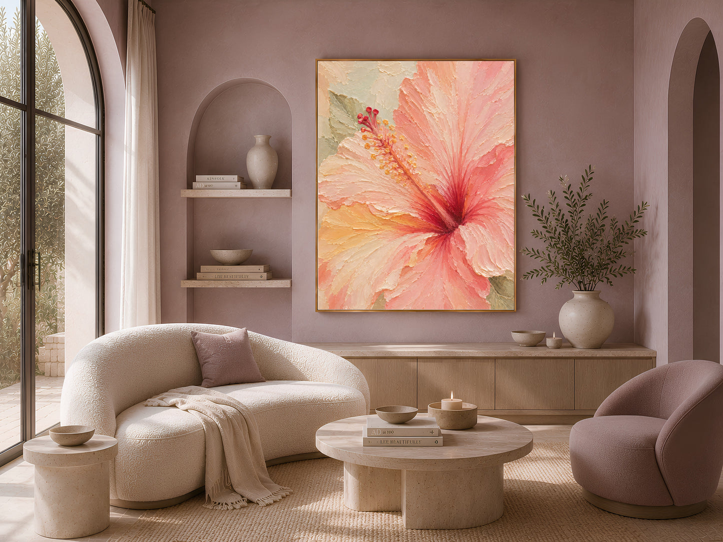 Framed hibiscus wall art above a curved neutral sofa in a sunlit living room with a round coffee table
