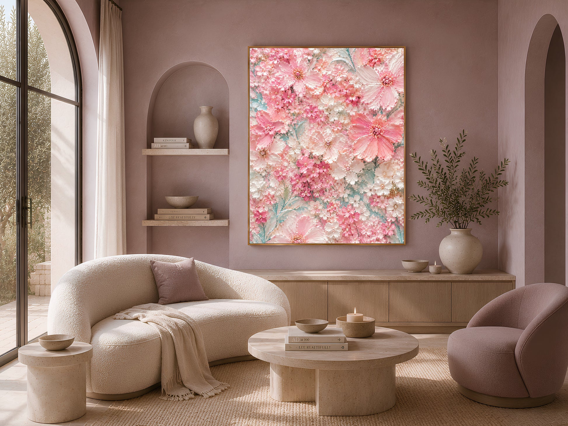 Light pink floral wall art framed in a living room with arched alcove shelving
