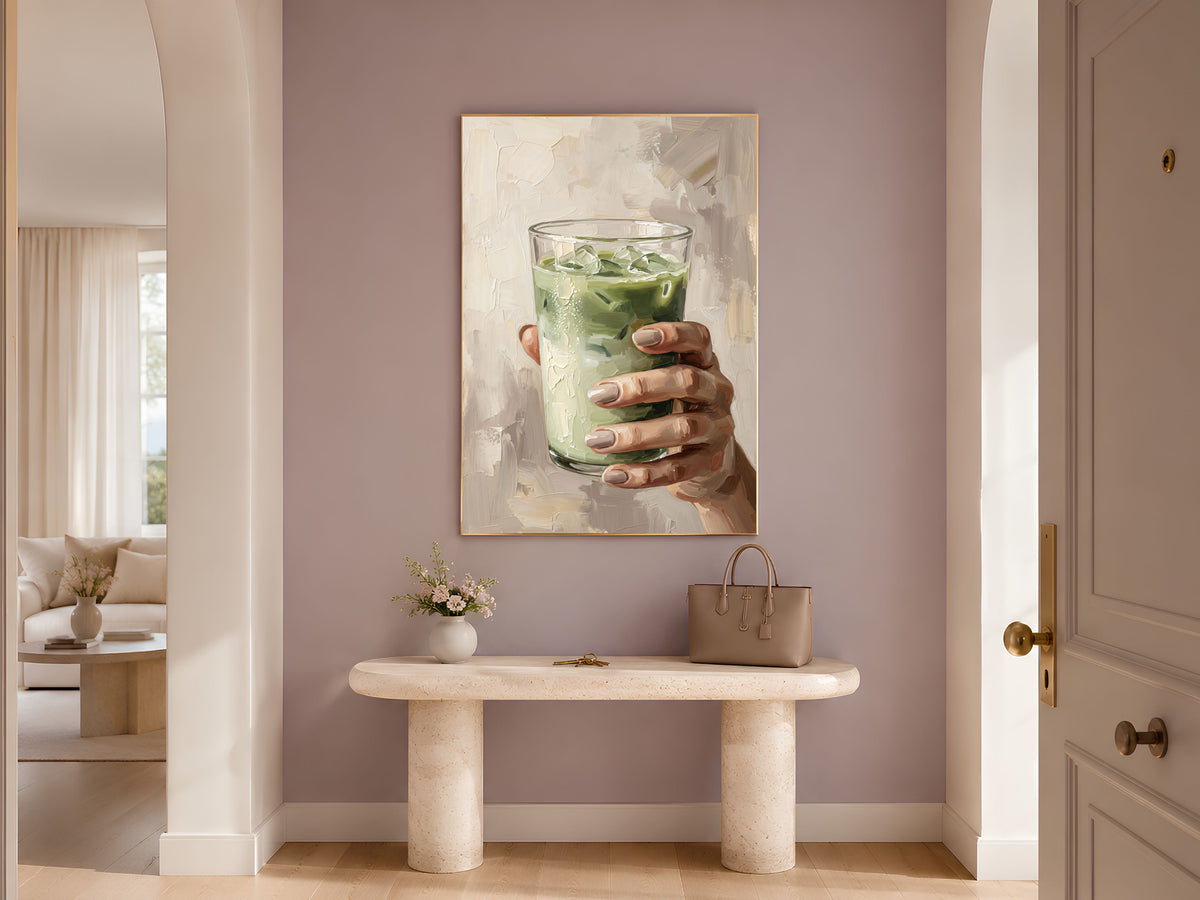 Matcha Latte Wall Art, Impasto Oil Painting Print - Digital Download
