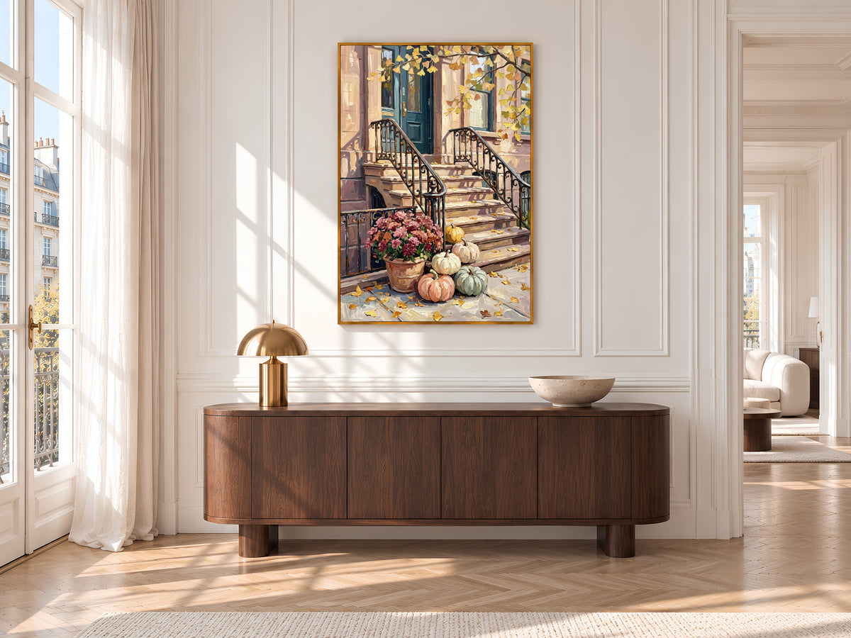 Fall Brownstone Stoop Painting Print, Autumn Pumpkins City Art, Pastel Fall Wall Decor, Printable Digital Download