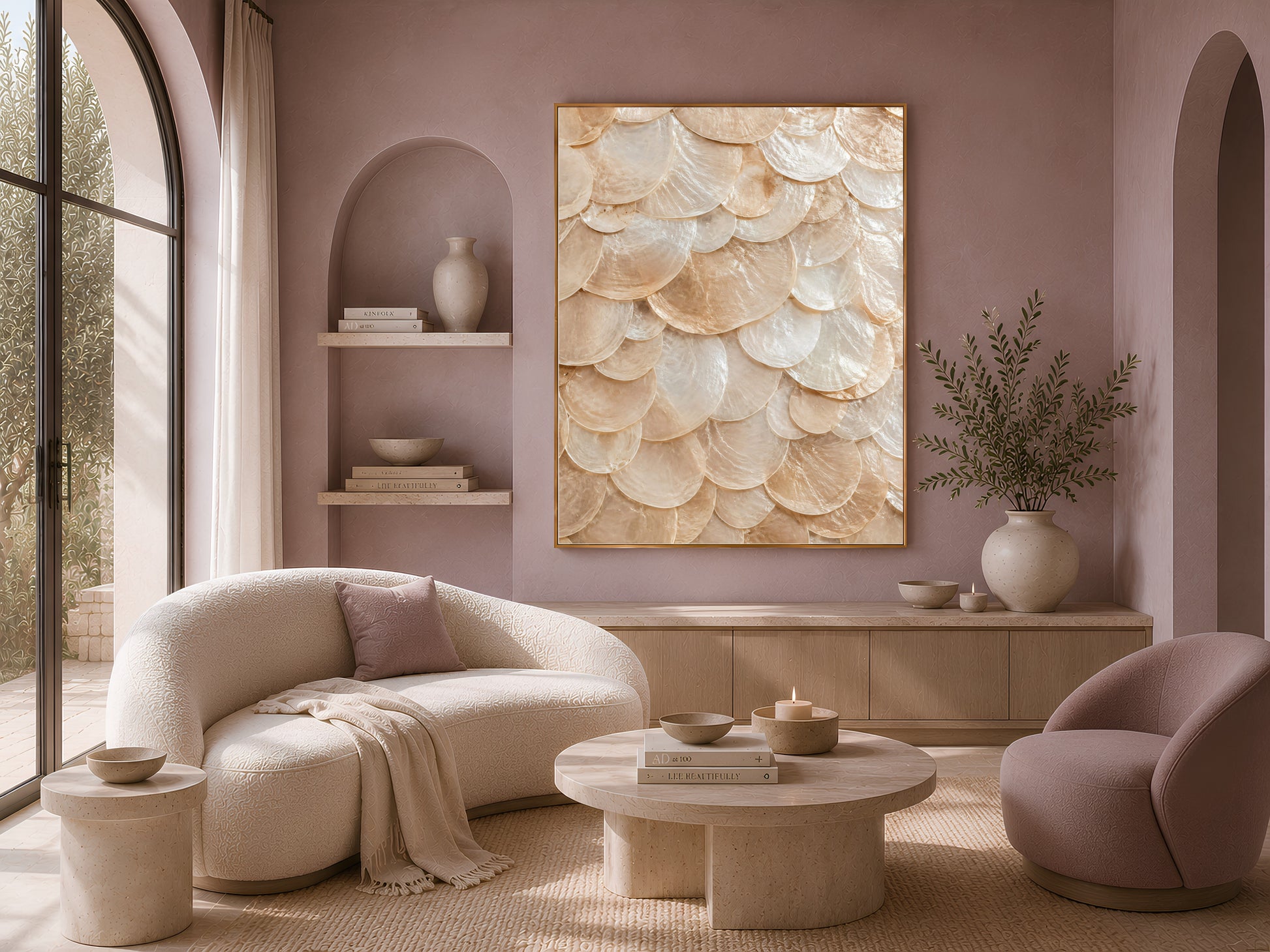 Sunlit living room with curved cream sofas, an armchair, and a framed amber shell texture print above the seating area.