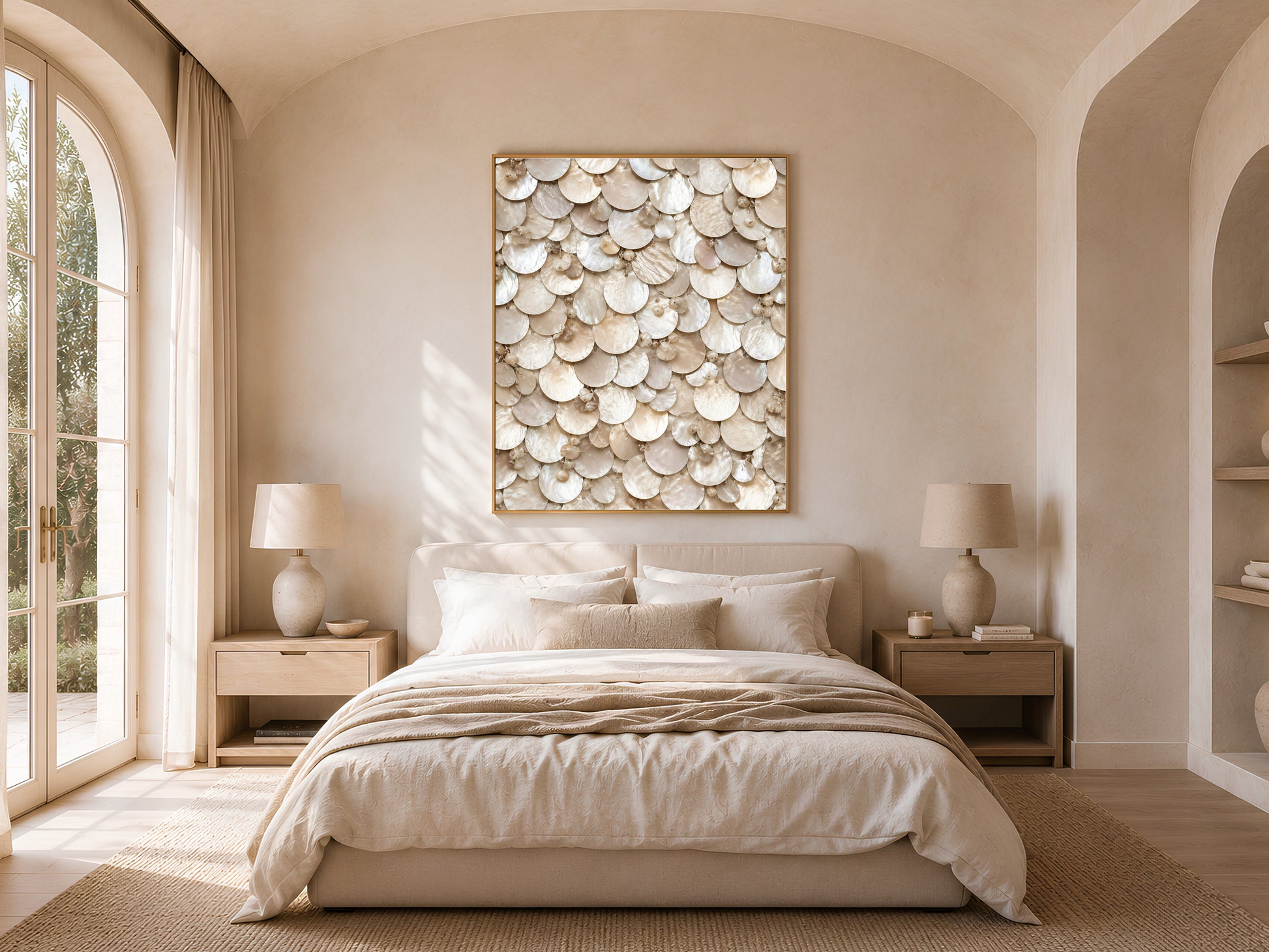 Champagne pearl wall art framed above a bed in a warm neutral bedroom with arched windows