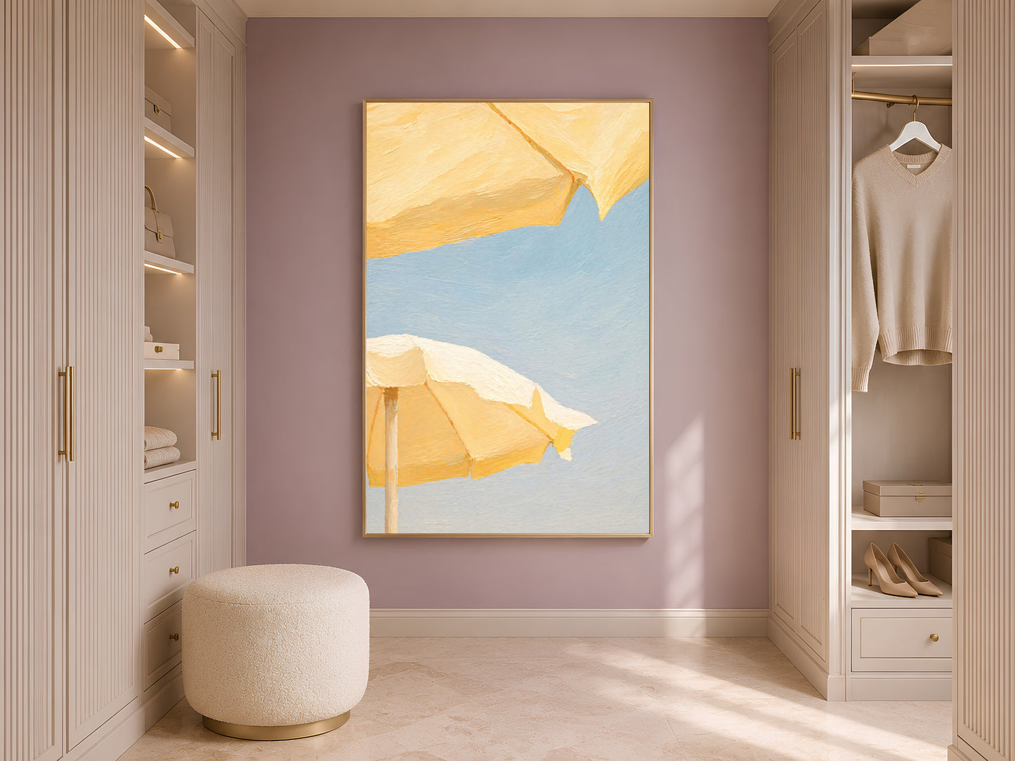 Butter yellow beach umbrella art framed in a closet beside open wardrobe shelving
