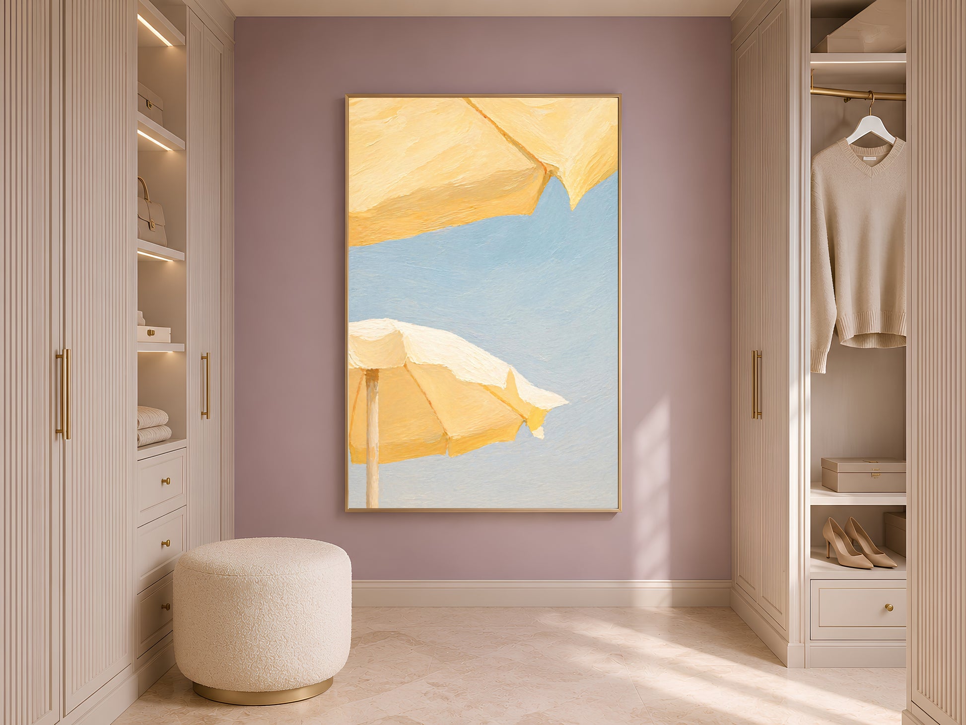 Butter yellow beach umbrella art framed in a closet beside open wardrobe shelving
