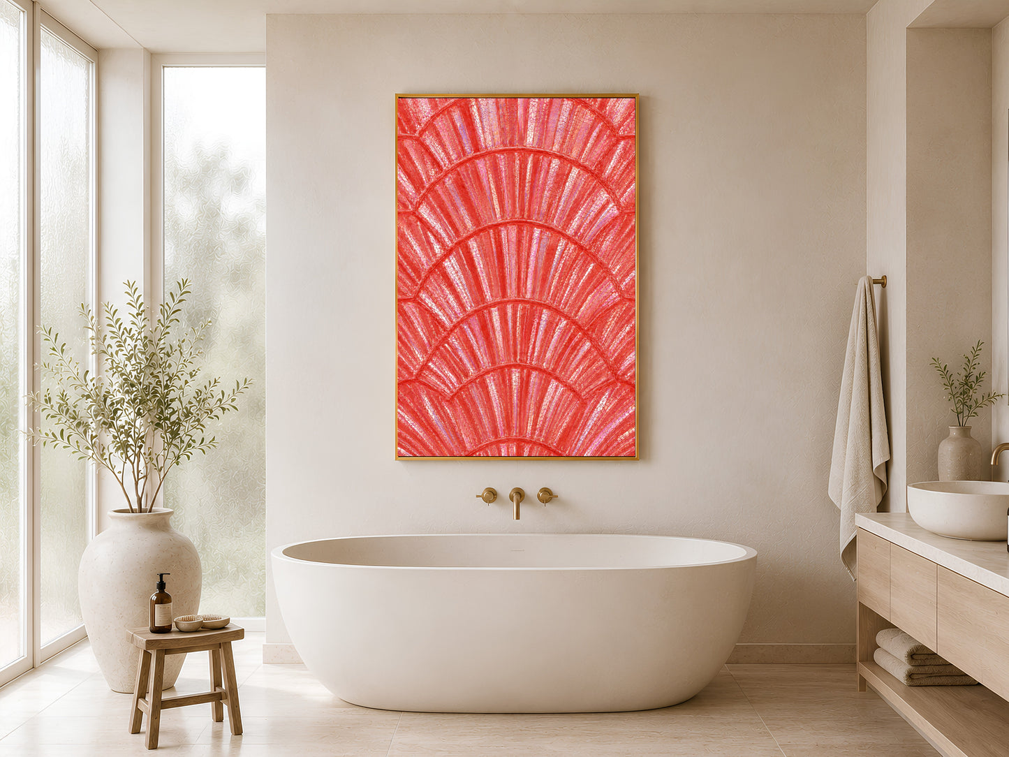 Coral capiz shell print in gold frame hung in a minimal white bathroom with freestanding bathtub and wood stool