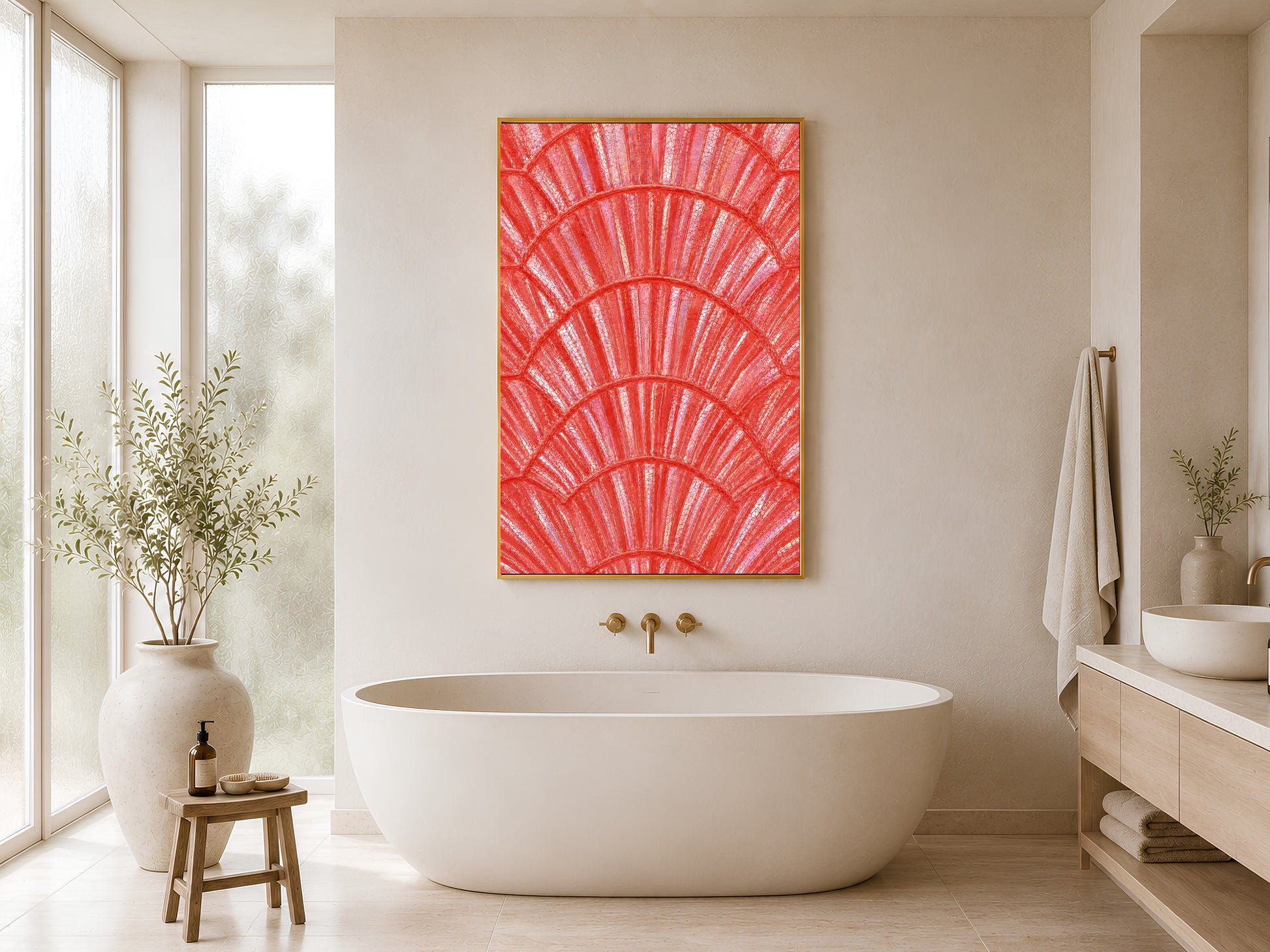 Coral capiz shell print in gold frame hung in a minimal white bathroom with freestanding bathtub and wood stool