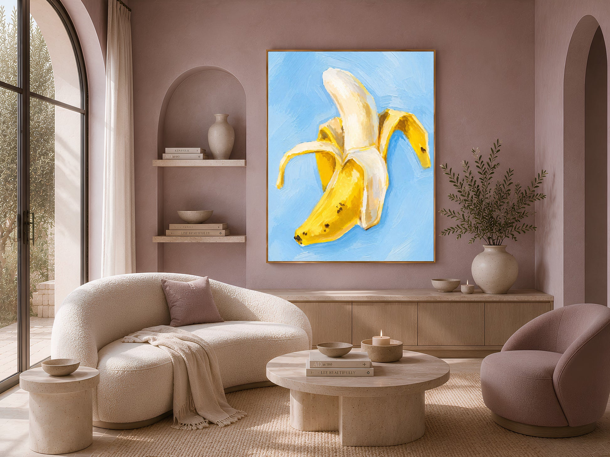 Banana still life wall art framed in neutral living room with arched windows and boho furniture