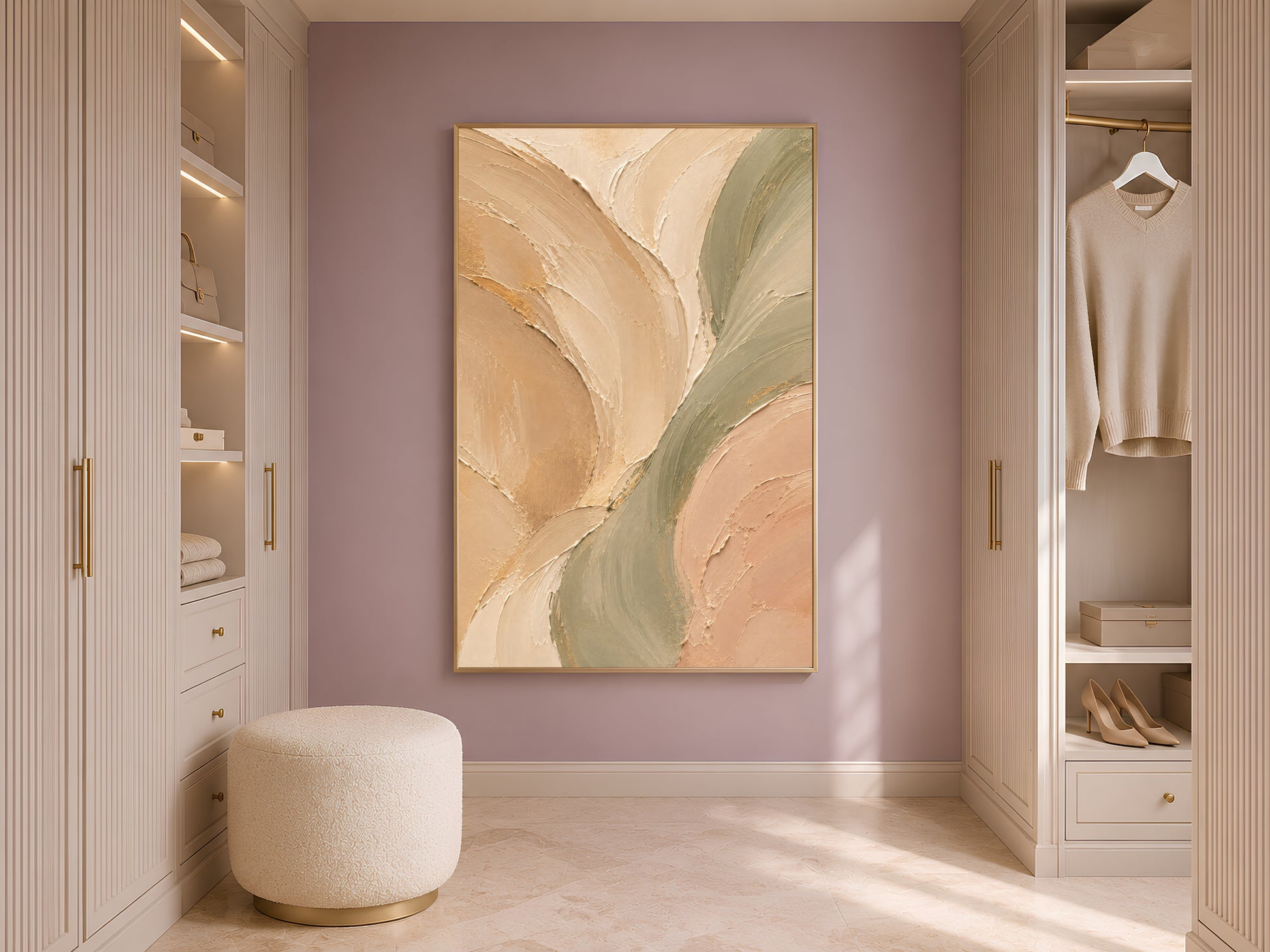Sage green beige abstract wall art in gold frame in styled dressing room with wardrobe and cream ottoman
