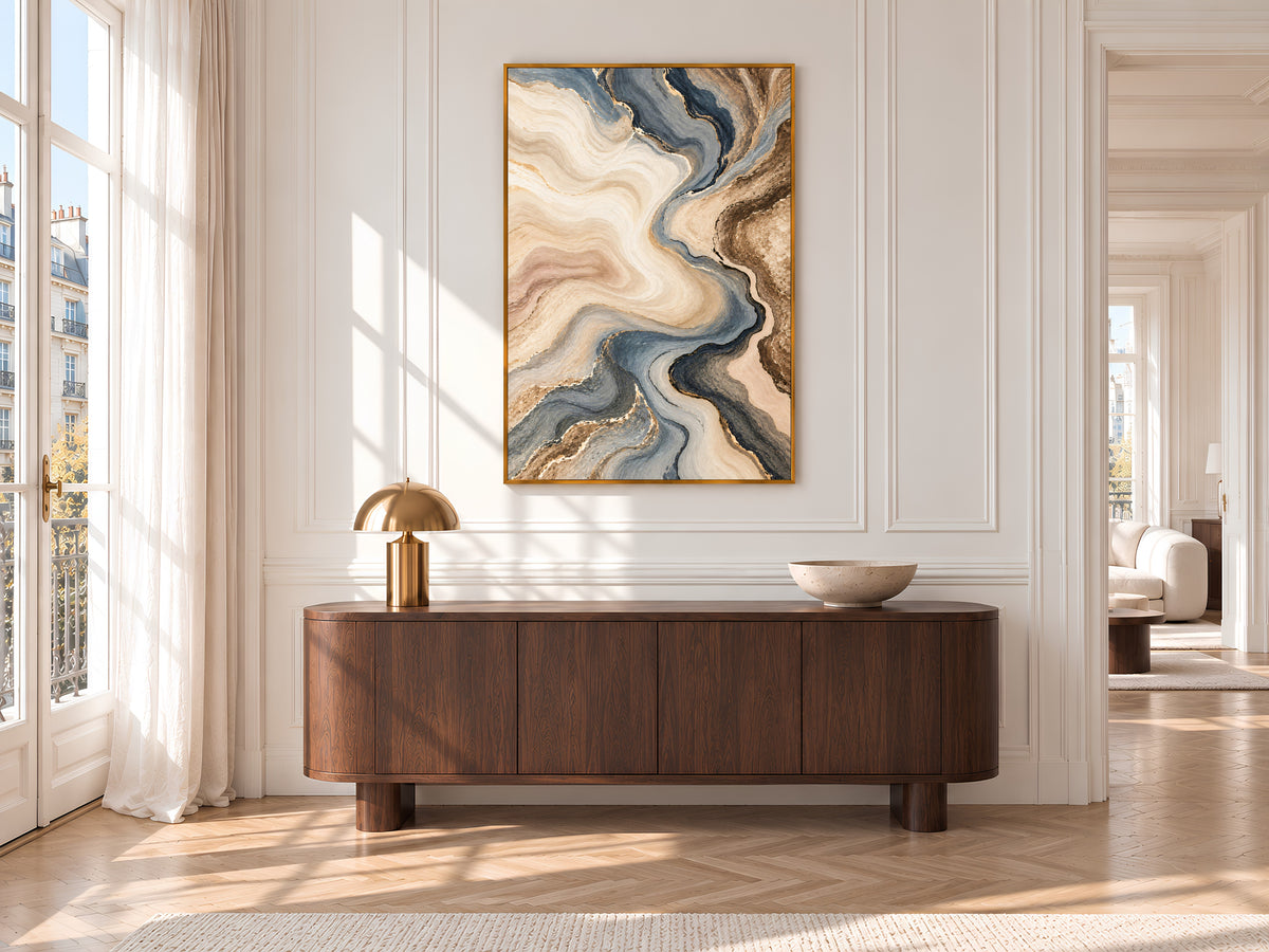 Blue Gray and Beige Abstract Wall Art, Slate Blue and Brown Marble Swirl Print with Gold Veins, Printable Neutral Decor, Digital Download