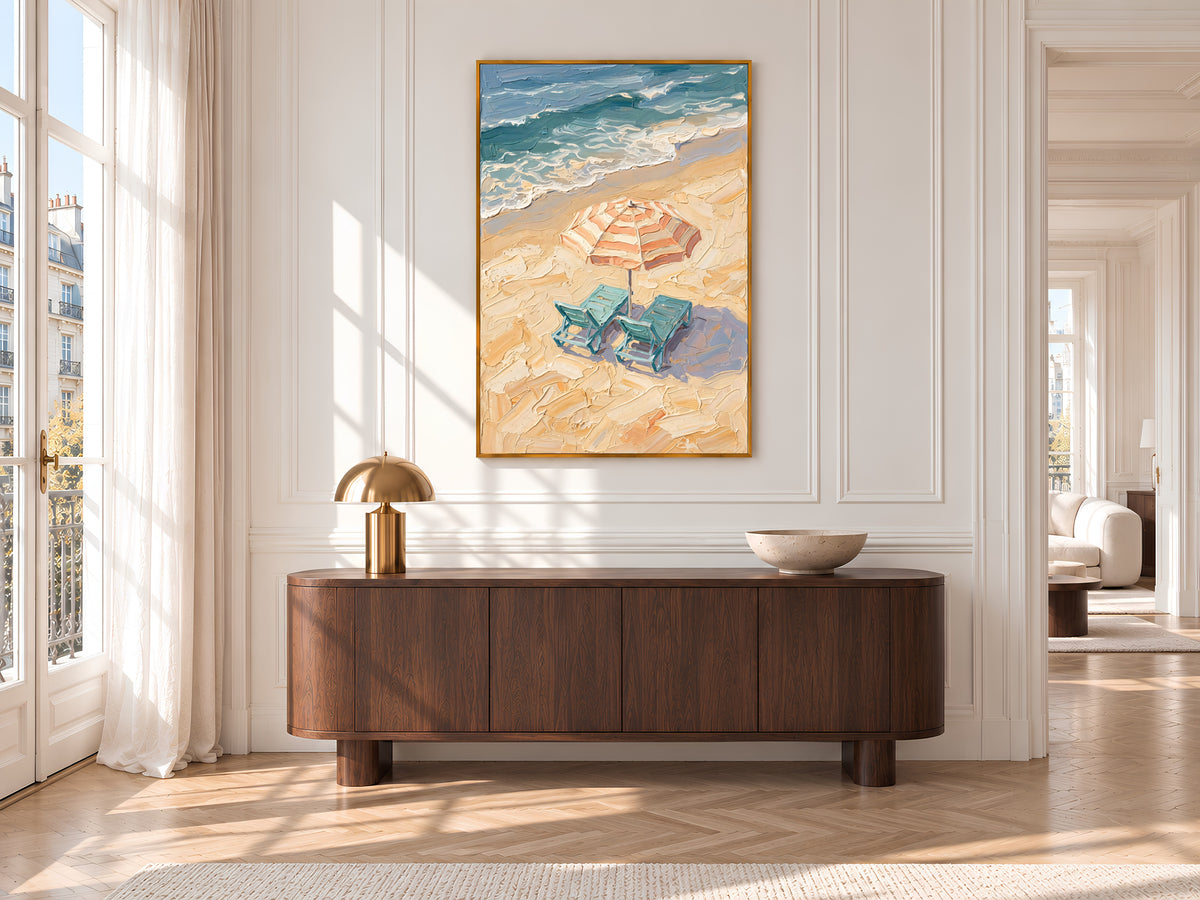 Beach Umbrella Painting Print, Striped Parasol Seaside Art, Textured Coastal Wall Art, Printable Digital Download