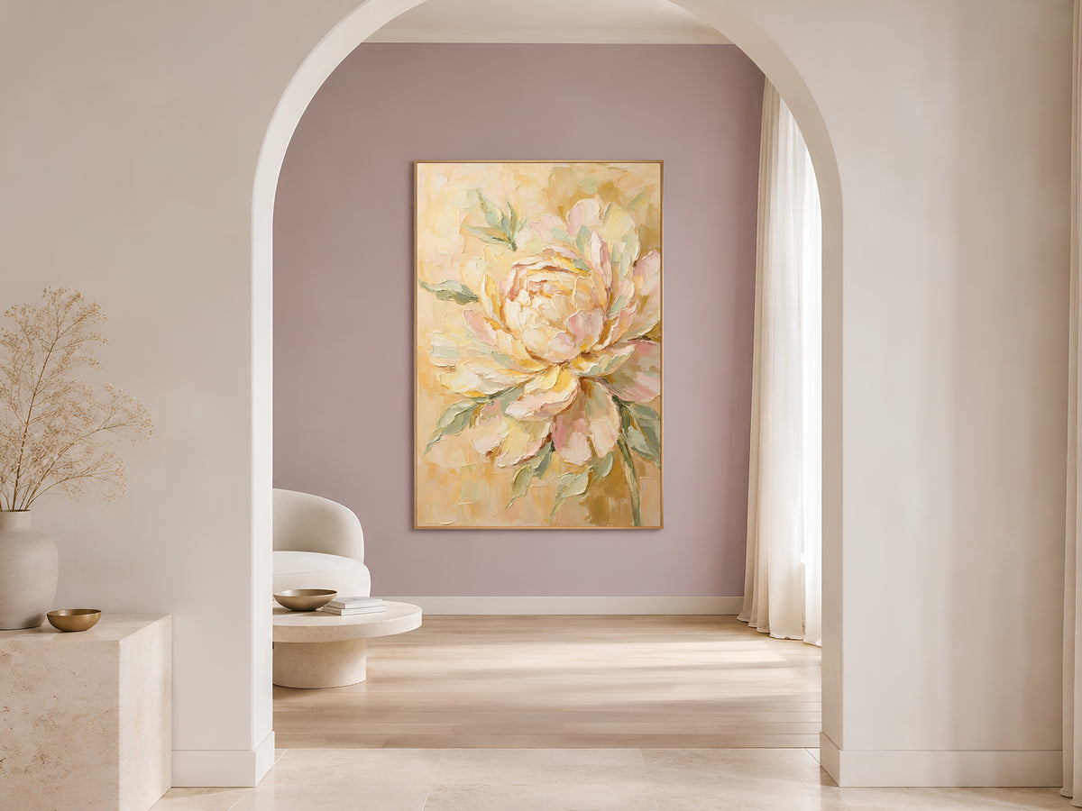 Butter Yellow Peony Wall Art, Blush Pink Impasto Floral Print - Digital Download