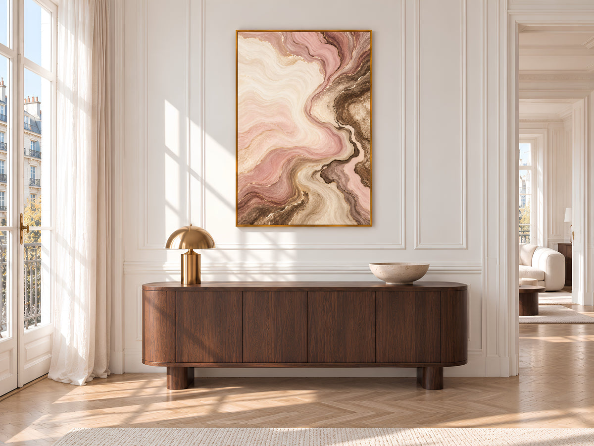 Blush Pink and Brown Abstract Wall Art, Dusty Rose Marble Swirl Print with Gold Veins, Printable Neutral Mocha Decor, Digital Download