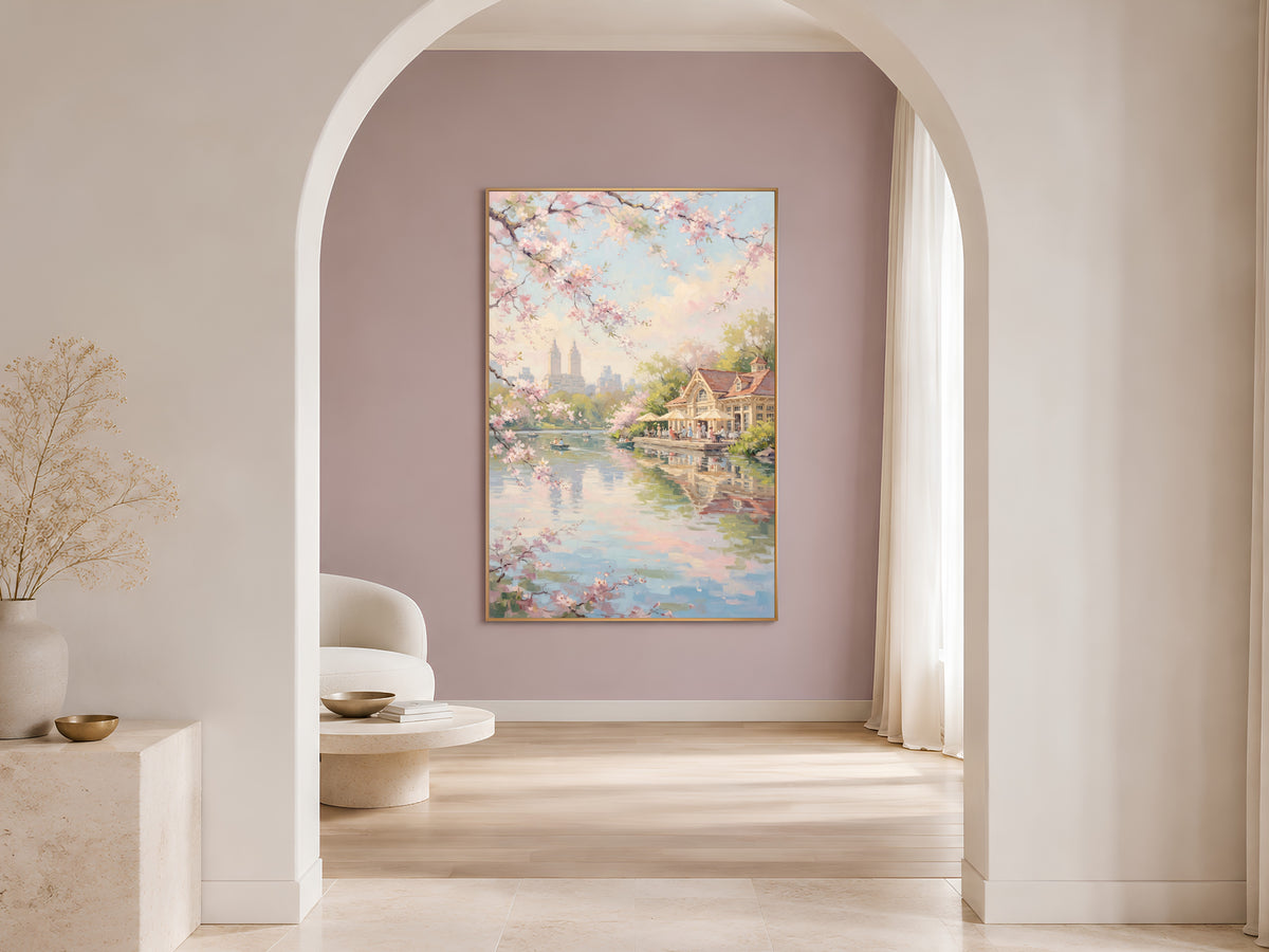 Central Park Cherry Blossom Wall Art, Boathouse Oil Painting Print - Digital Download