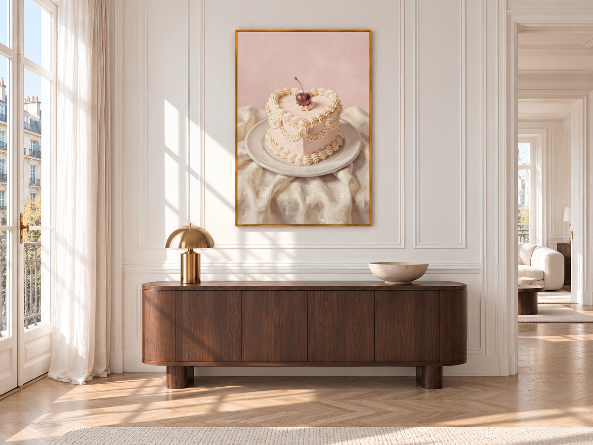 Vintage Heart Cake Painting Print, Pink Cherry Cake Still Life, Coquette Kitchen Art, Digital Download