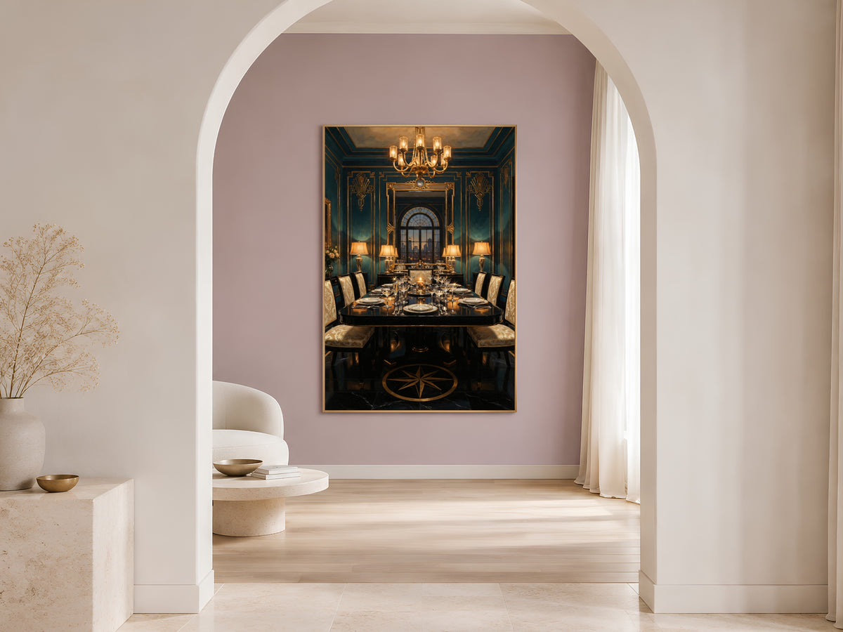 Art Deco Dining Room Wall Art, Teal Gold 1920s Interior Oil Painting - Digital Download