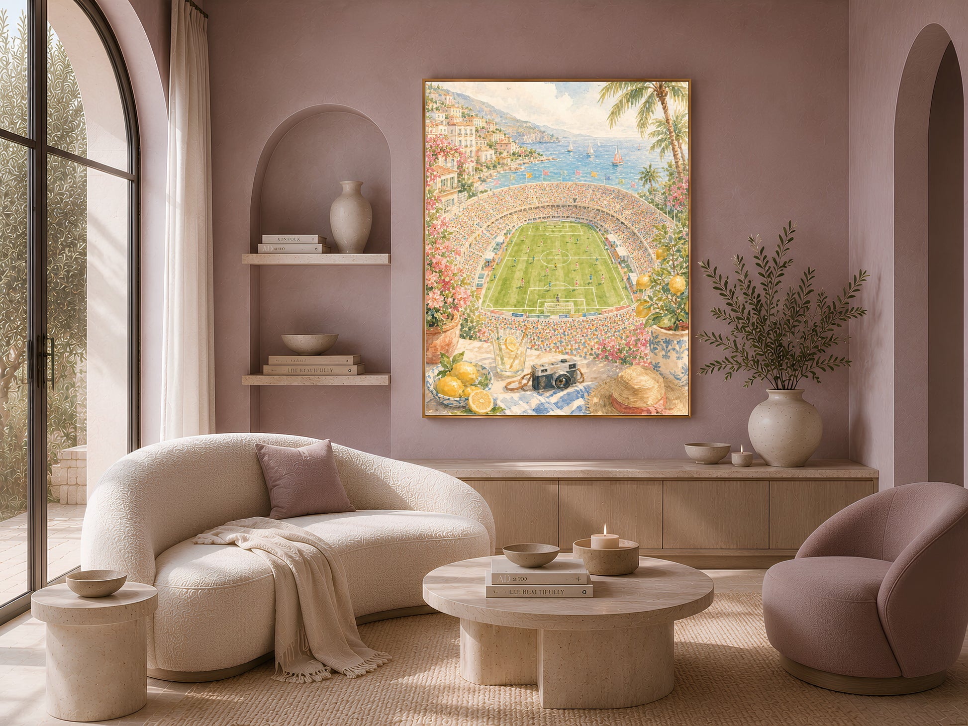 Living room with a curved cream sofa, round coffee table, and soft armchair, framed football stadium wall art hanging above the sofa on a mauve wall.
