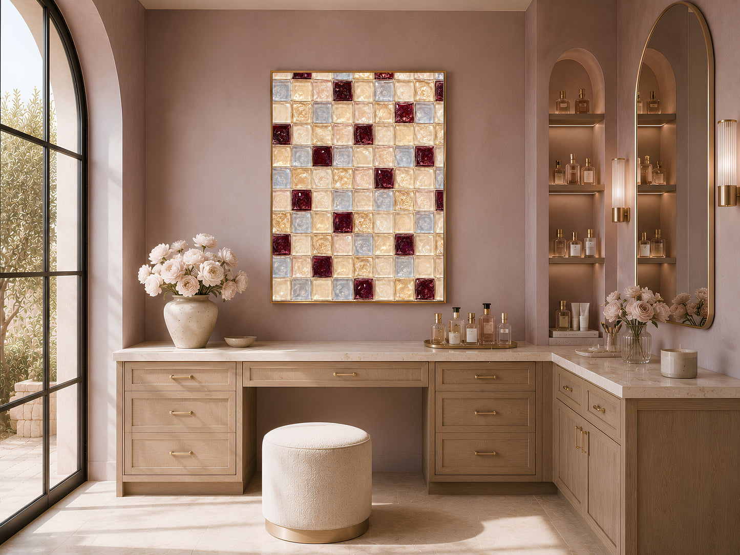 Burgundy tile wall art framed above a desk in a home office reading nook