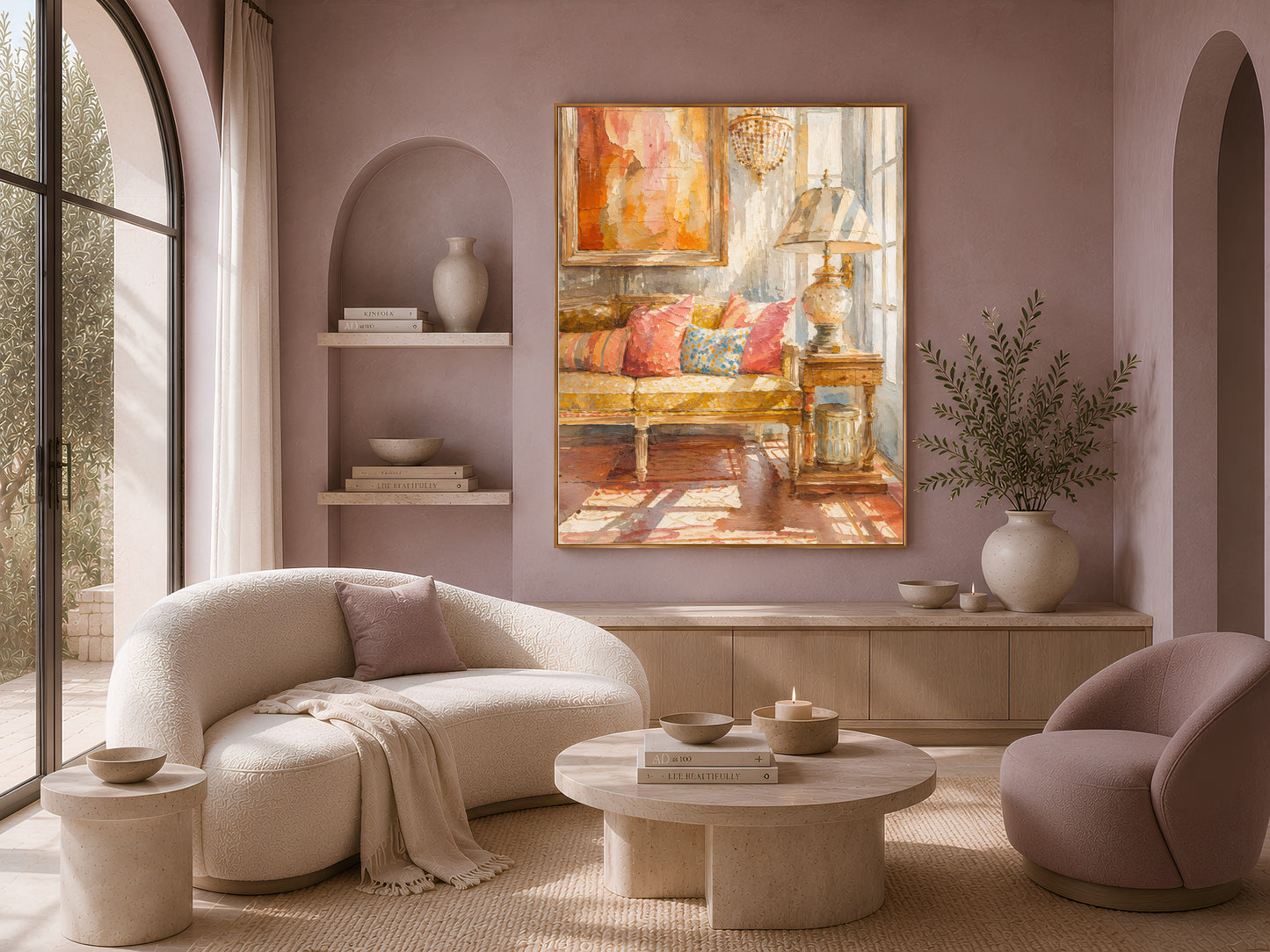 Terracotta abstract wall art framed in gold above a curved boucle sofa, warm impasto print in a neutral living room
