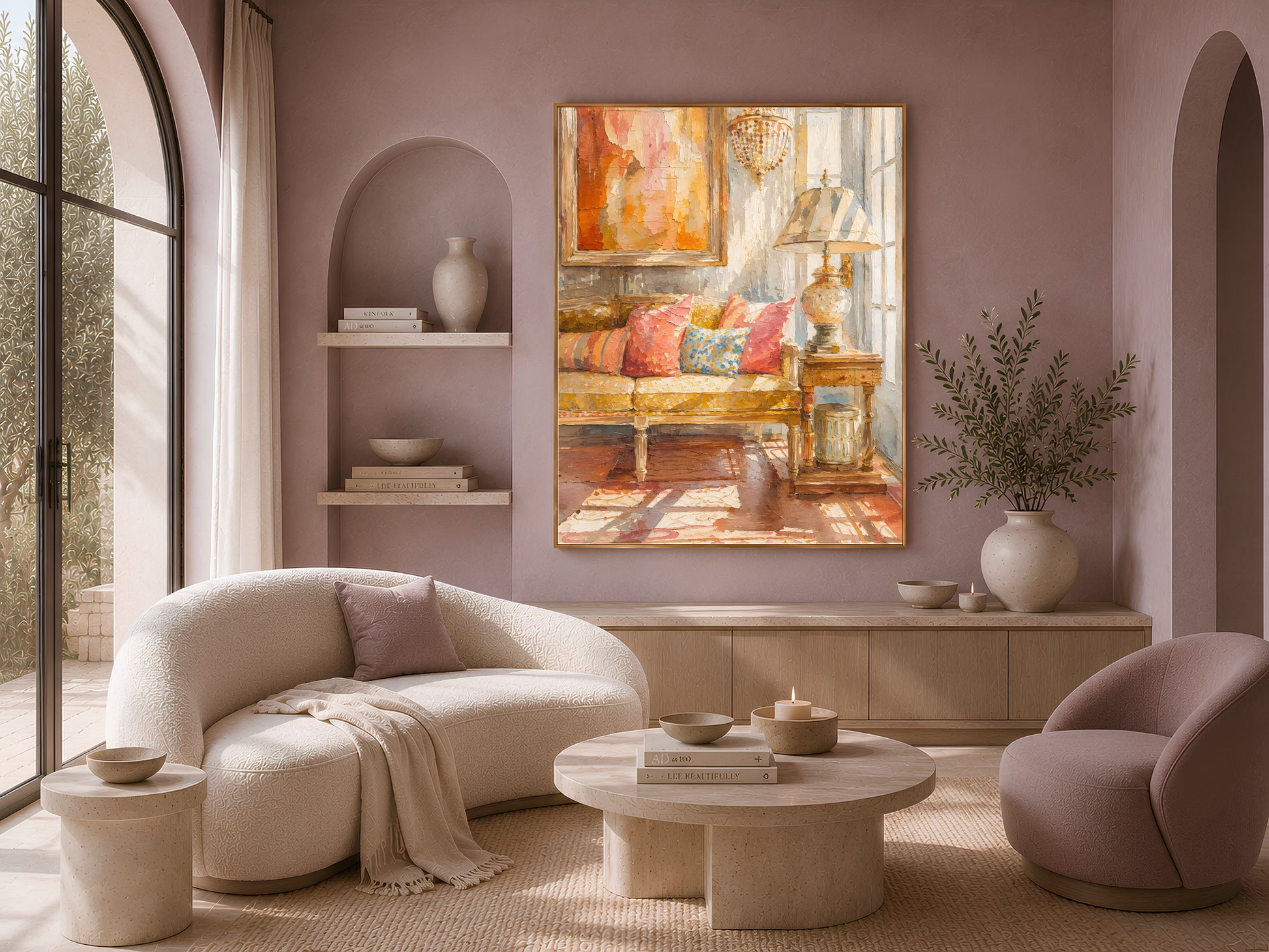 Terracotta abstract wall art framed in gold above a curved boucle sofa, warm impasto print in a neutral living room
