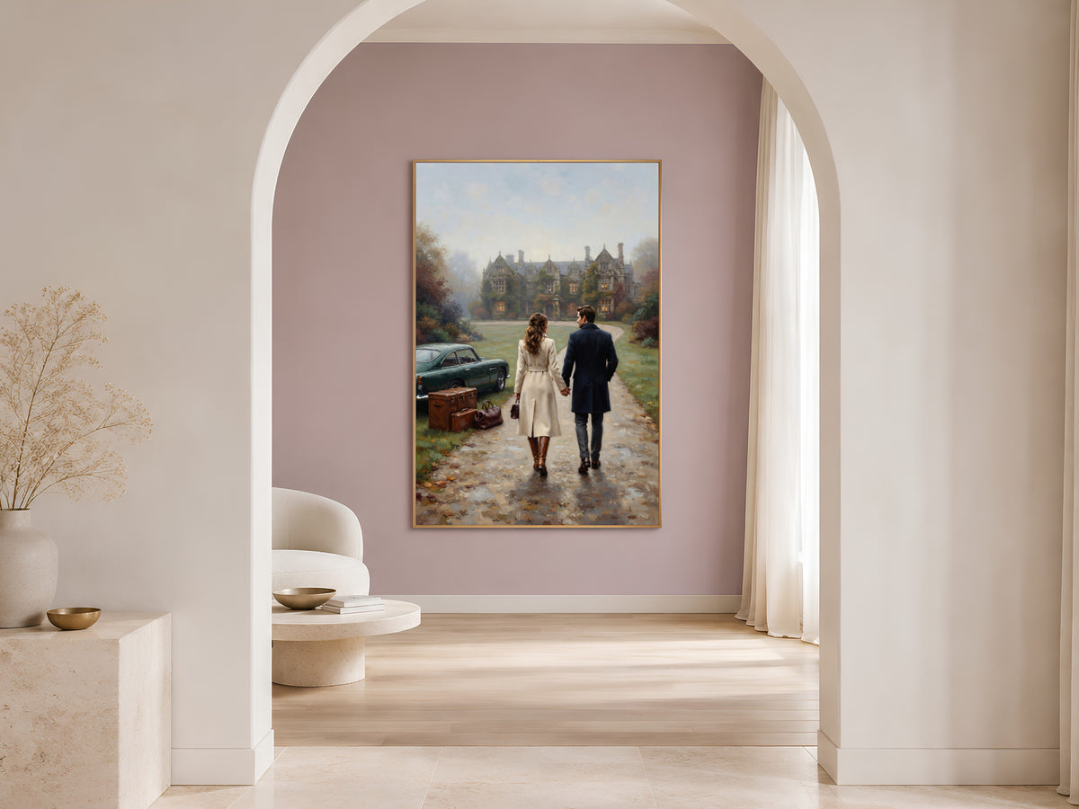English Manor Estate Wall Art, Autumn Couple Oil Painting Print - Digital Download