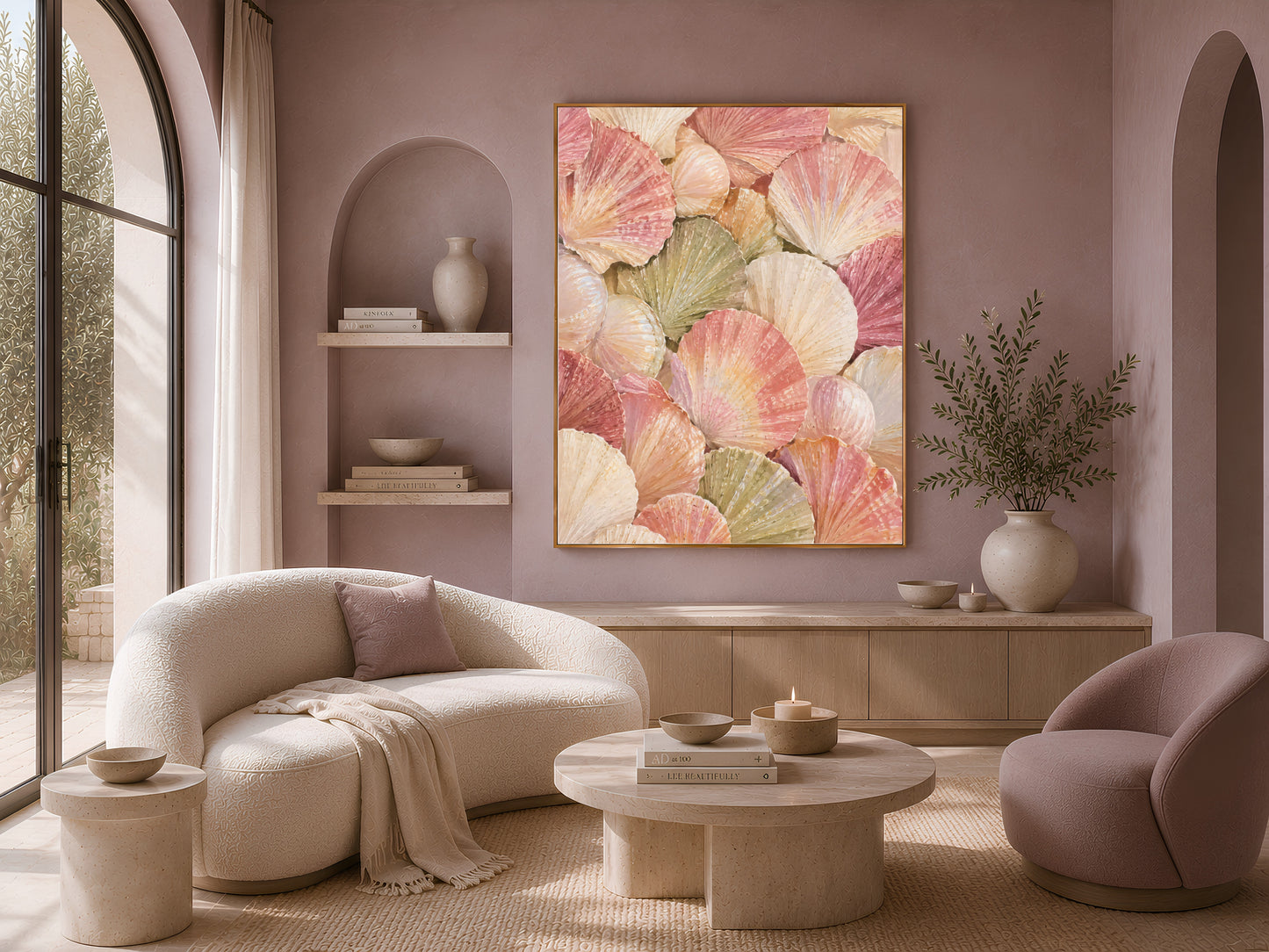 Scallop shell wall art framed above a curved boucle sofa in a coastal living room, sage and blush seashell painting