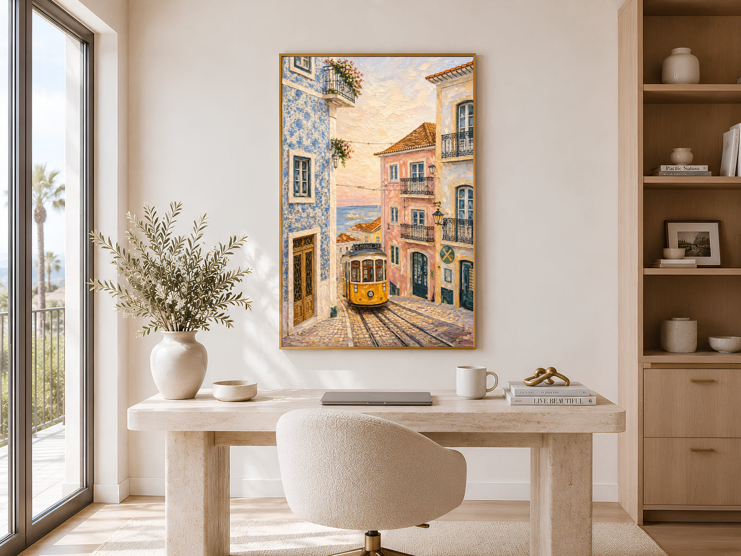 Lisbon tram wall art printable styled above a minimalist desk in a warm organic modern home office with coastal Mediterranean decor.