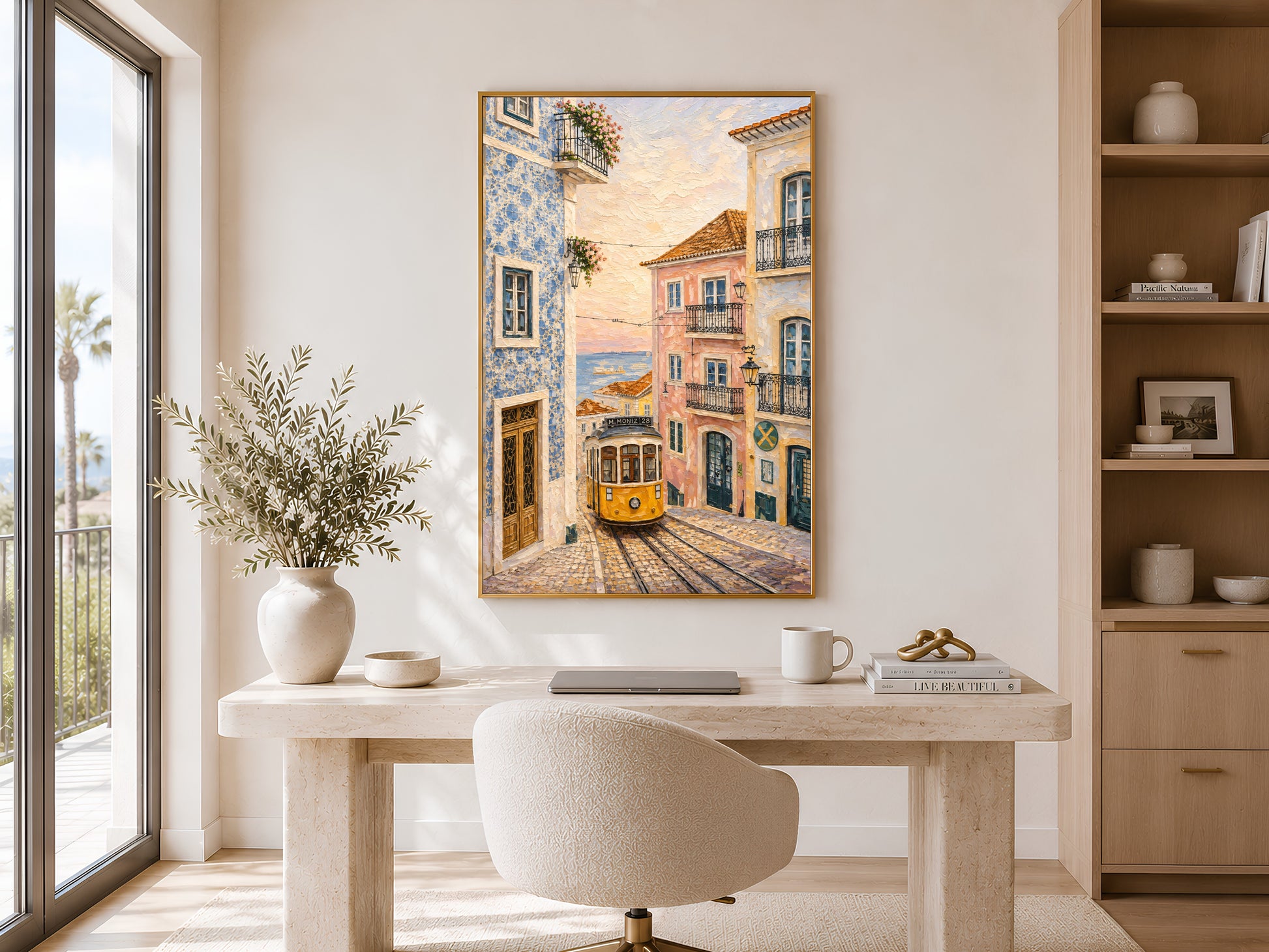 Lisbon tram wall art printable styled above a minimalist desk in a warm organic modern home office with coastal Mediterranean decor.