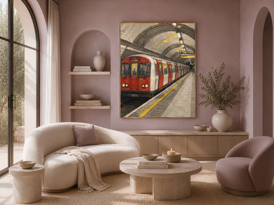 Textured London Underground tube train painting in a gold frame above a mauve wall in a living room with boucle armchairs
