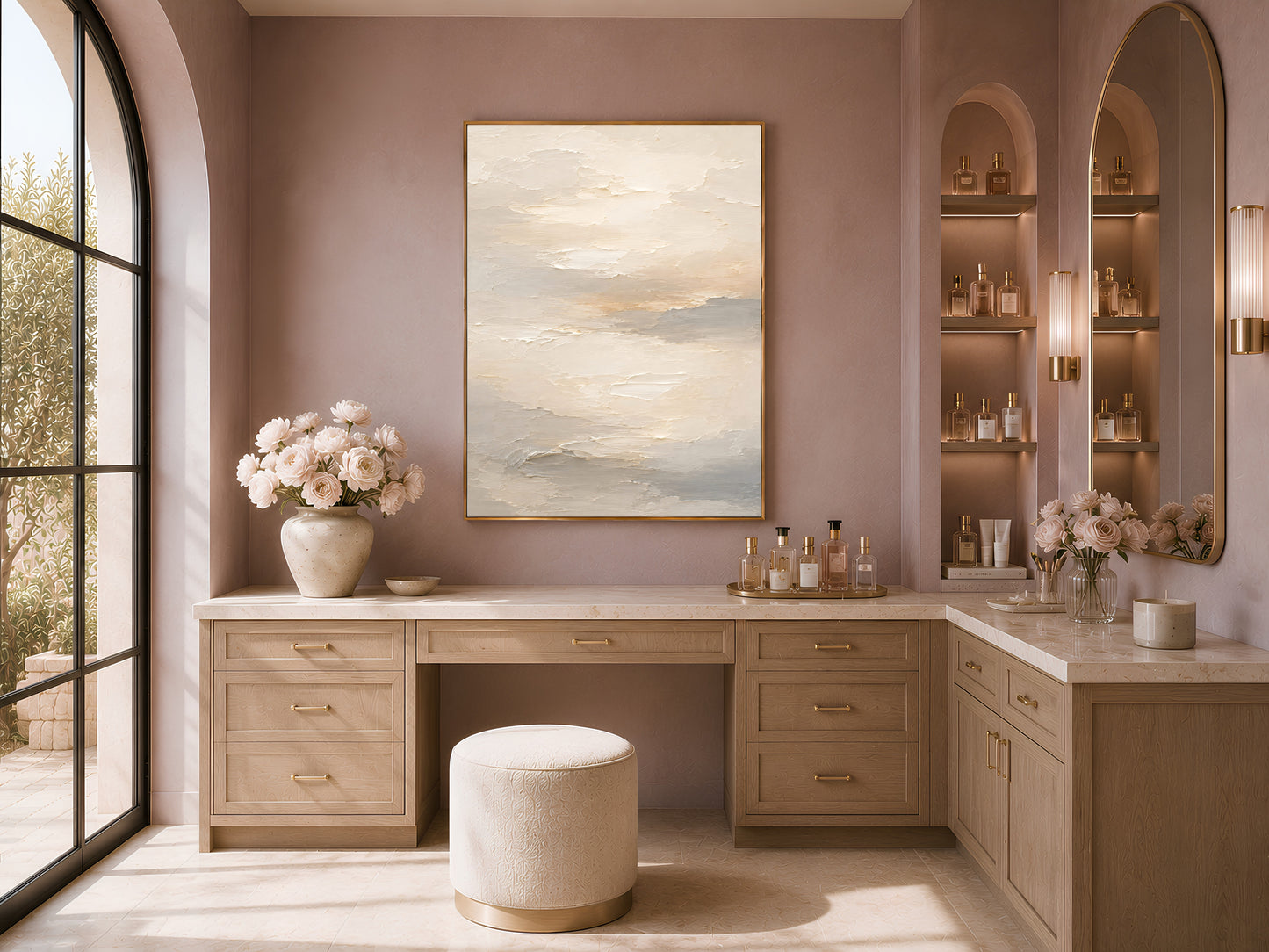 Neutral cream textured abstract art print framed above a bathroom vanity in a mauve room