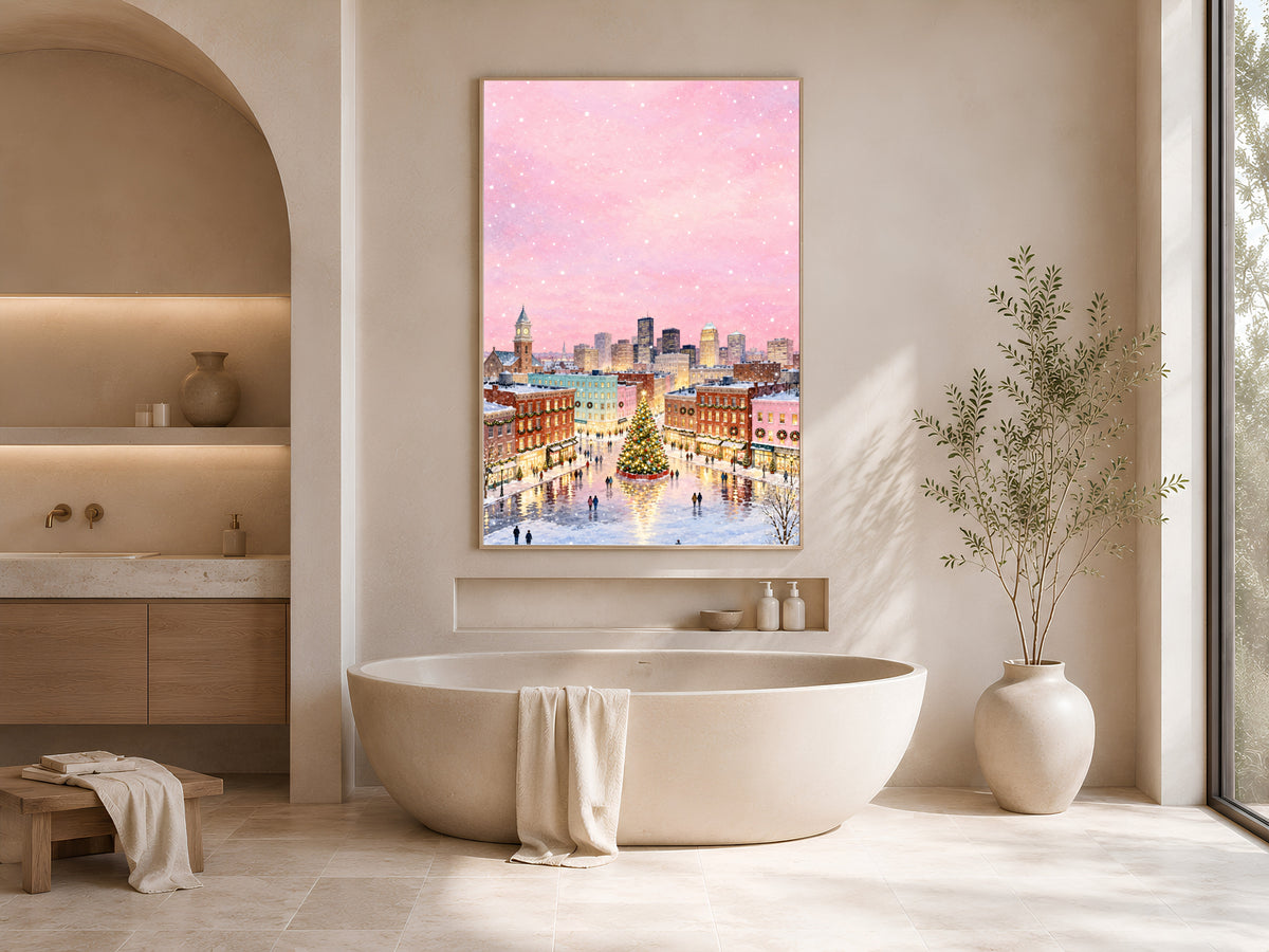 Pink Christmas Town Painting, Snowy City Christmas Tree Print, Pastel Winter Skyline Wall Art, Holiday Decor, Printable Digital Download