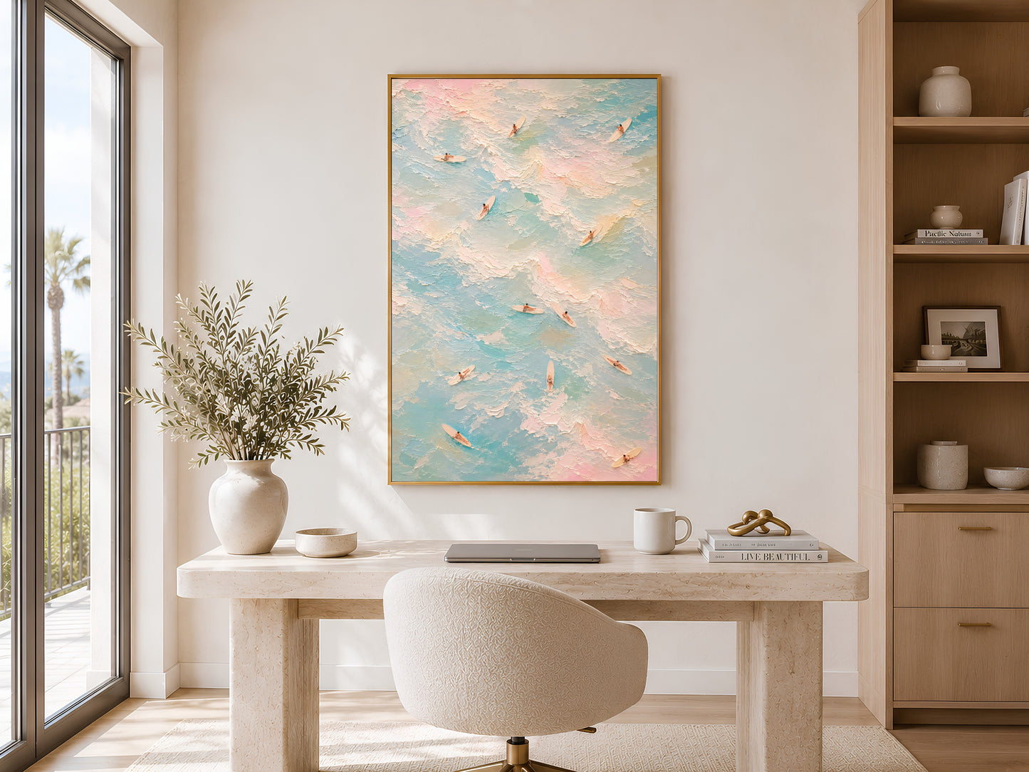 Pastel ocean surf wall art in gold frame displayed in a calm neutral home office with round dining chairs