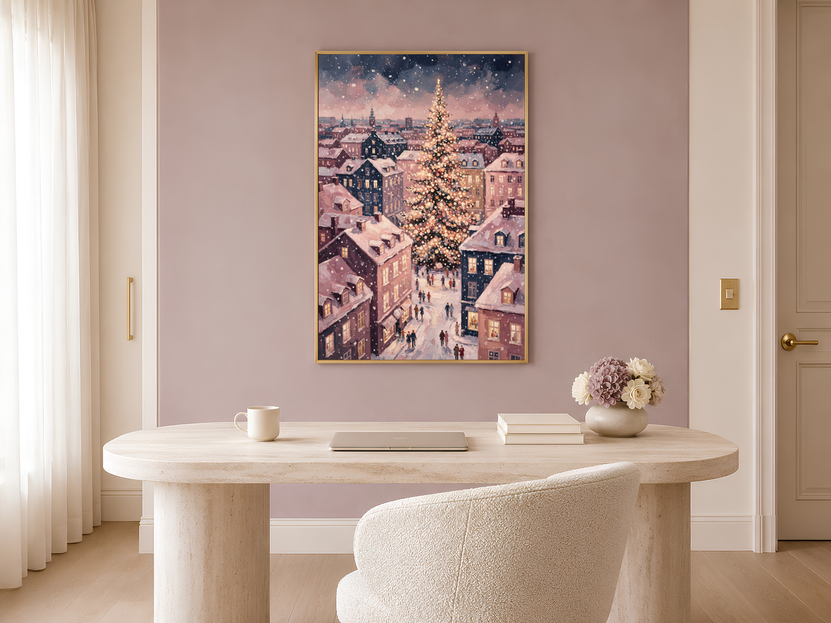 European Christmas Village Wall Art, Snowy Town Square Print - Digital Download